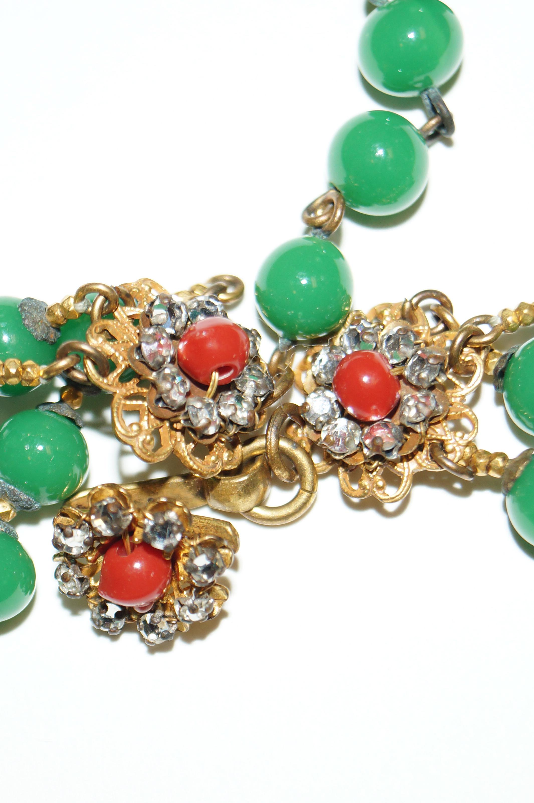 1950s Miriam Haskell Green and Umber Glass and Rhinestone Floral Choker 3