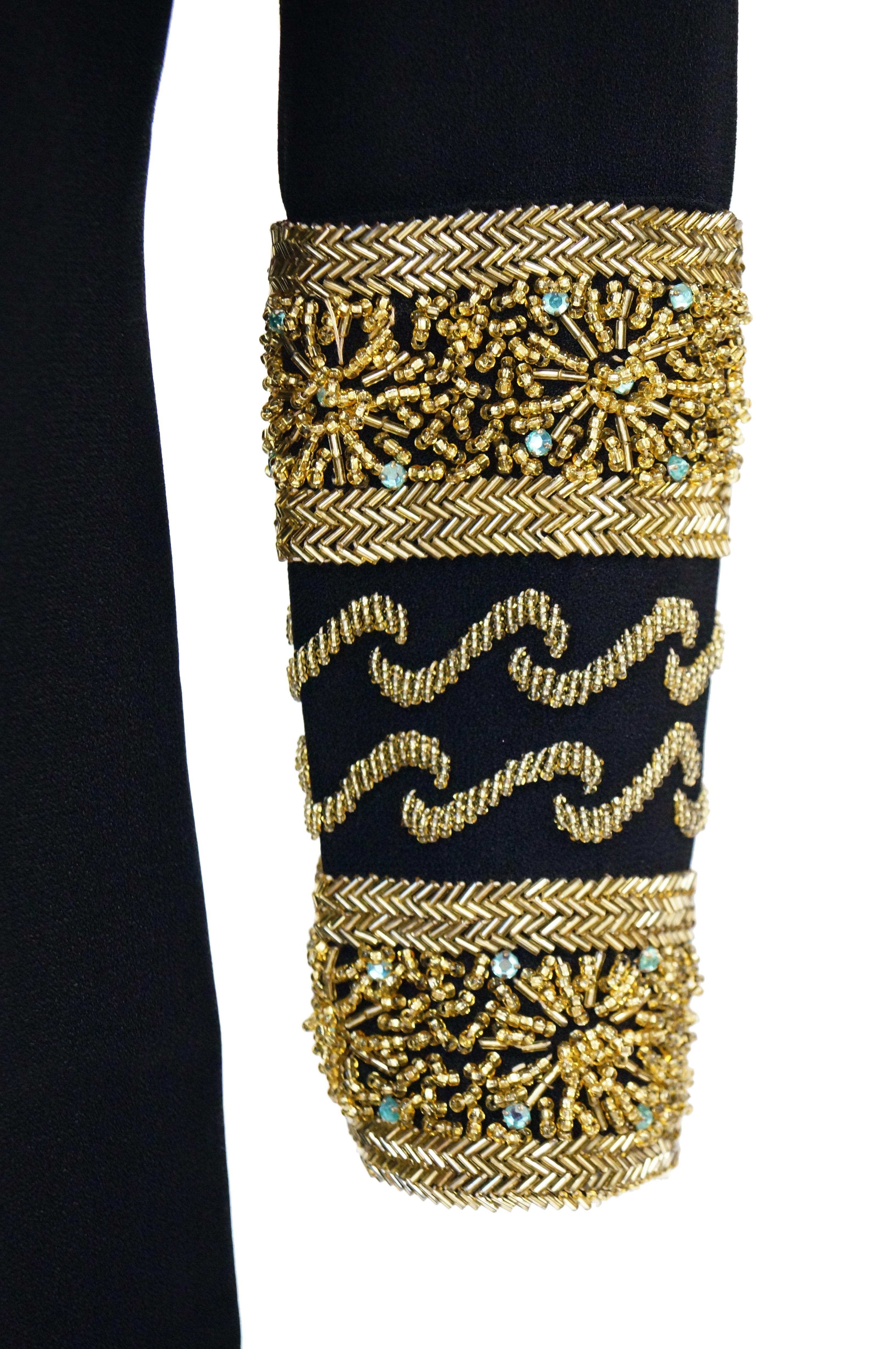 1960s Maisonette Silk Cocktail Dress w/ Gold Bead & Blue Rhinestone Detail In Excellent Condition In Houston, TX