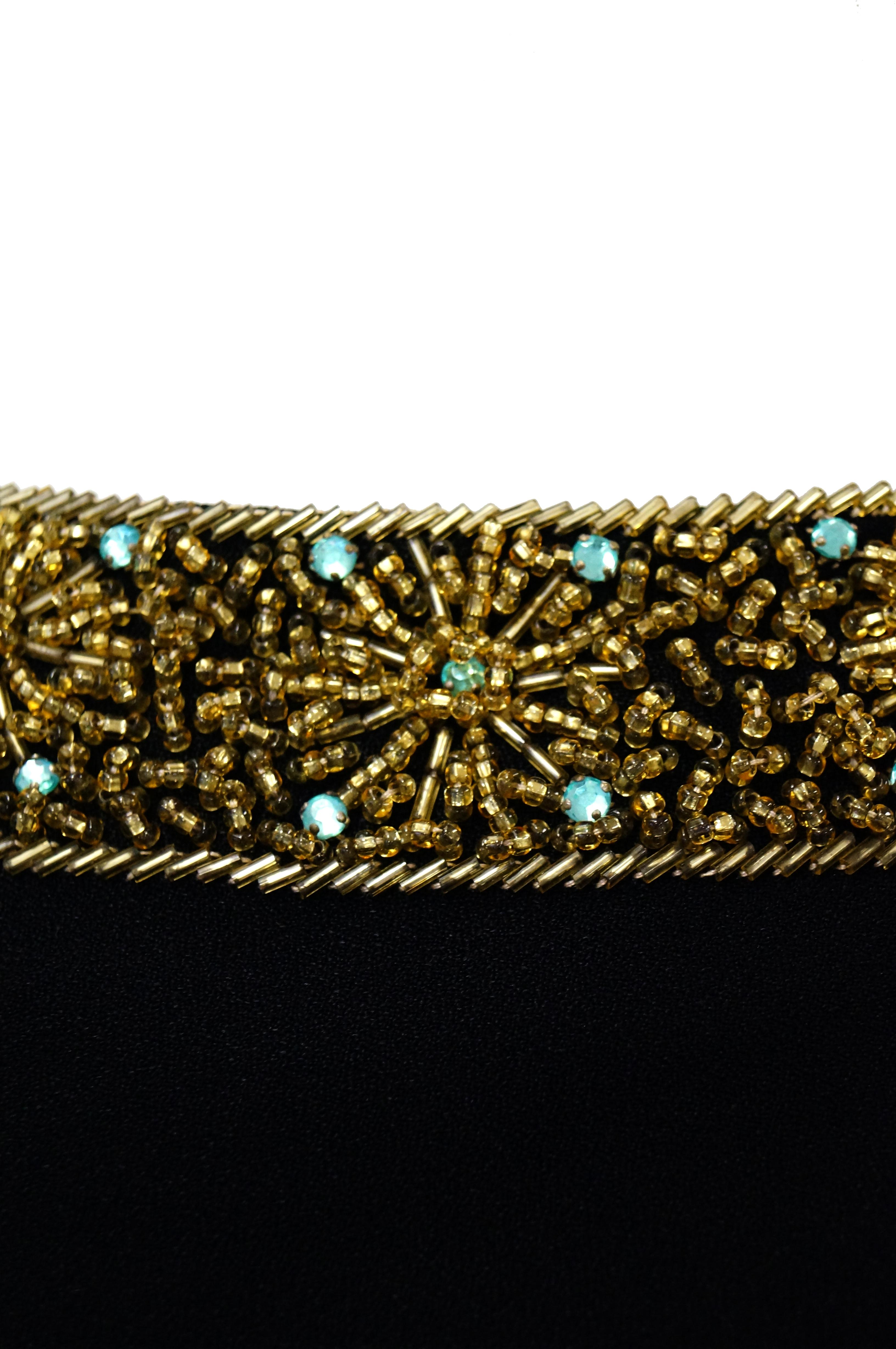Black 1960s Maisonette Silk Cocktail Dress w/ Gold Bead & Blue Rhinestone Detail