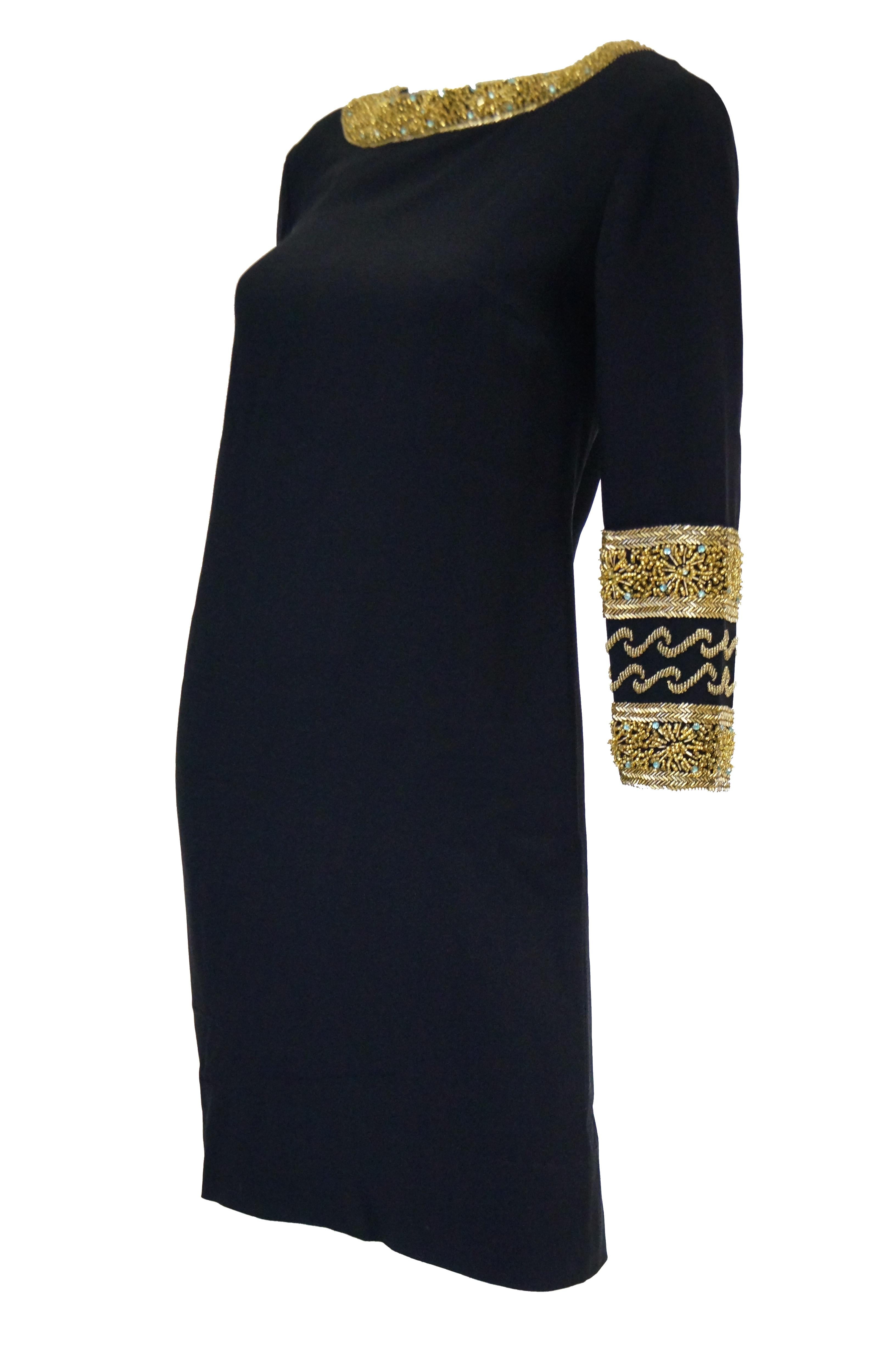 Women's 1960s Maisonette Silk Cocktail Dress w/ Gold Bead & Blue Rhinestone Detail