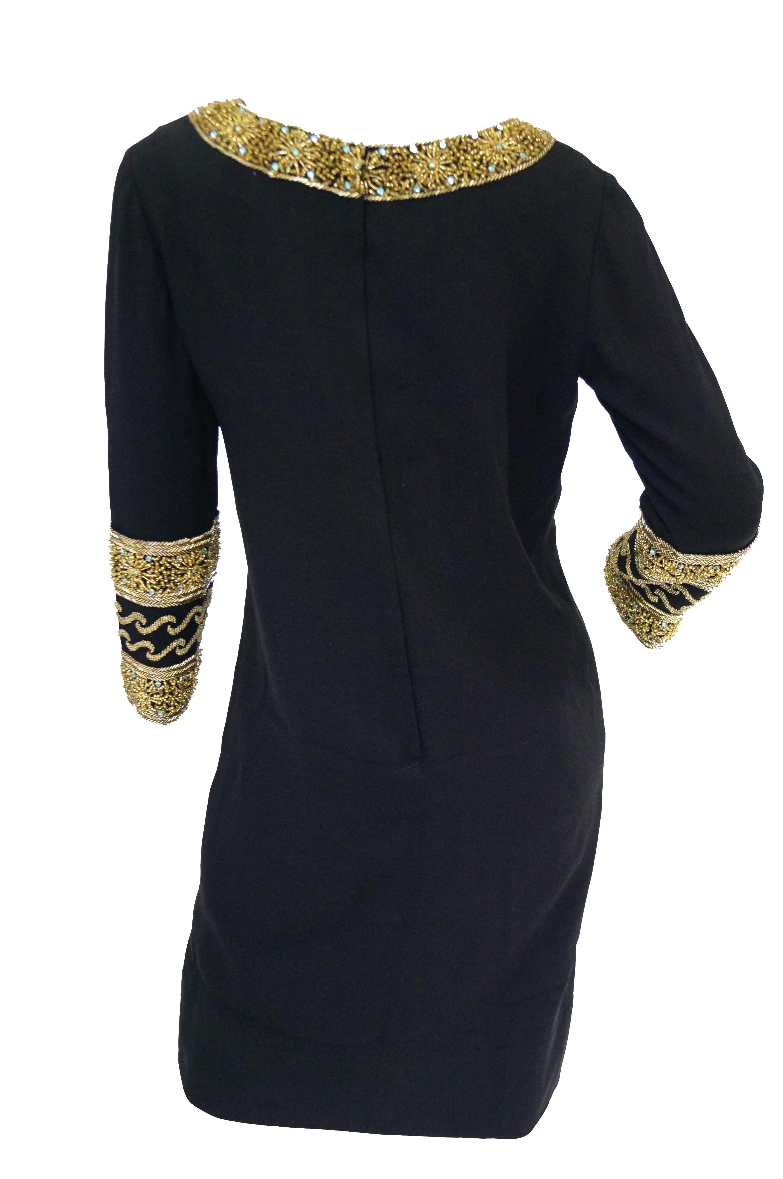 1960s Maisonette Silk Cocktail Dress w/ Gold Bead & Blue Rhinestone Detail 2