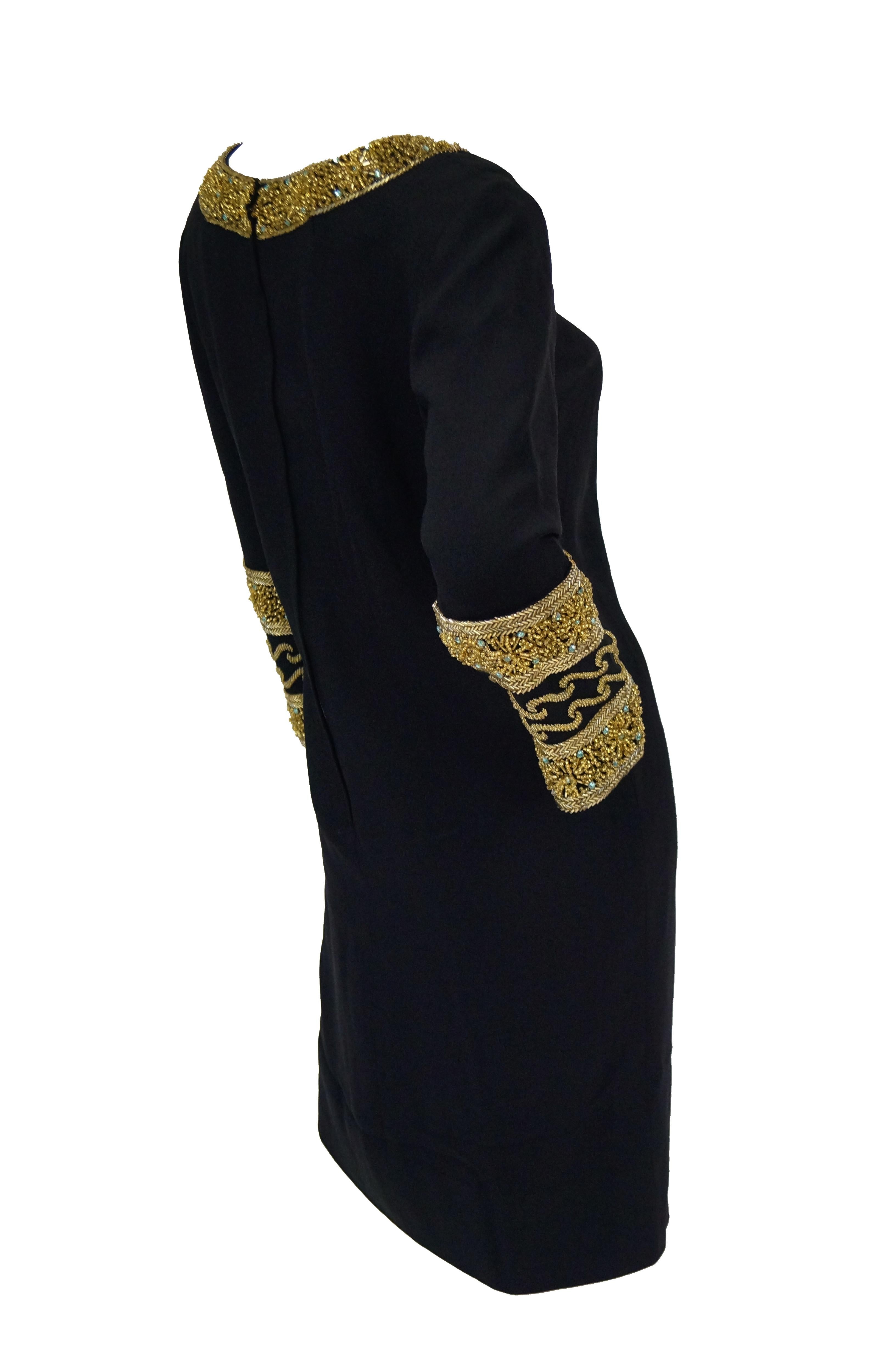1960s Maisonette Silk Cocktail Dress w/ Gold Bead & Blue Rhinestone Detail 3