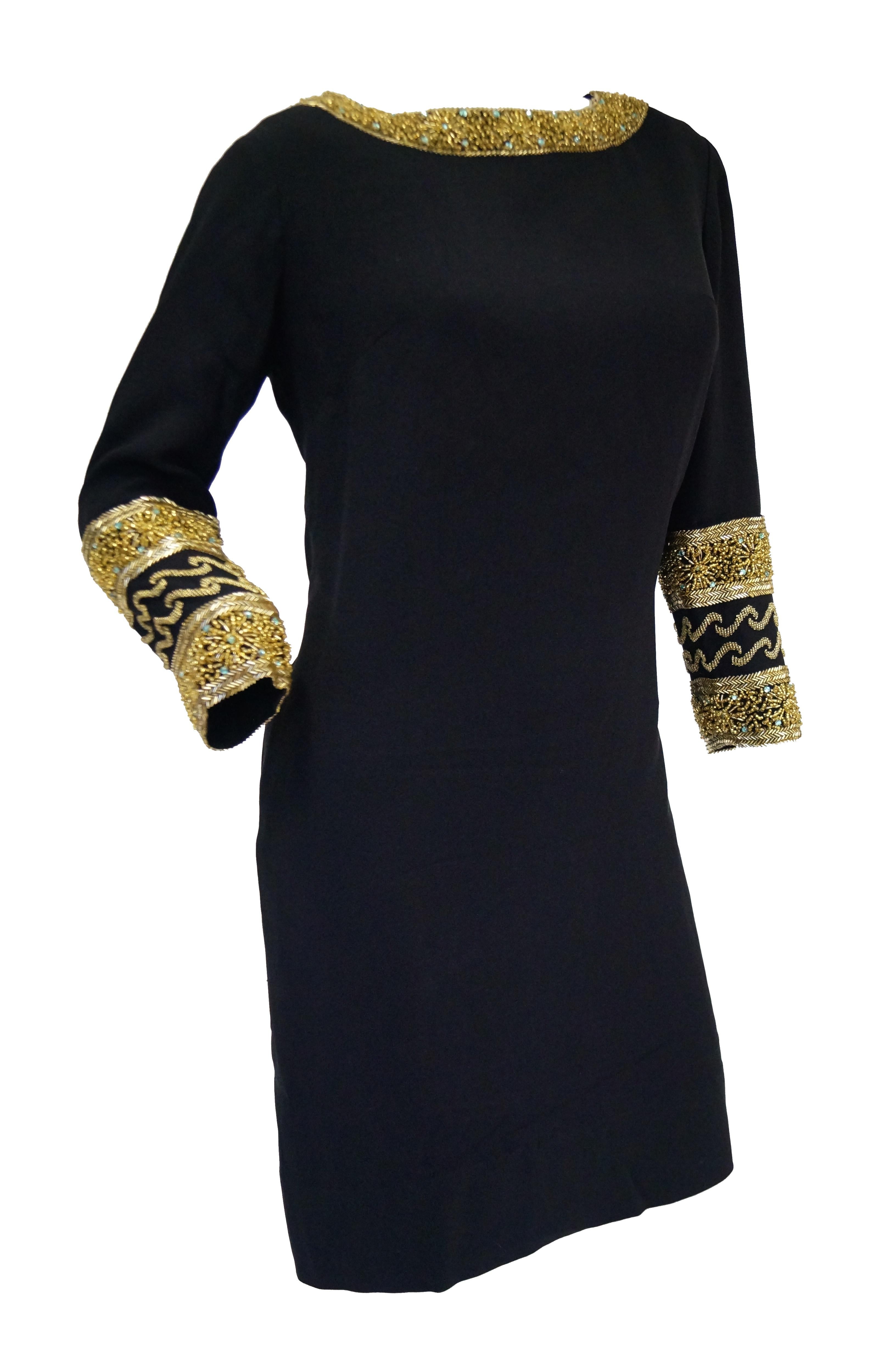 1960s Maisonette Silk Cocktail Dress w/ Gold Bead & Blue Rhinestone Detail 4