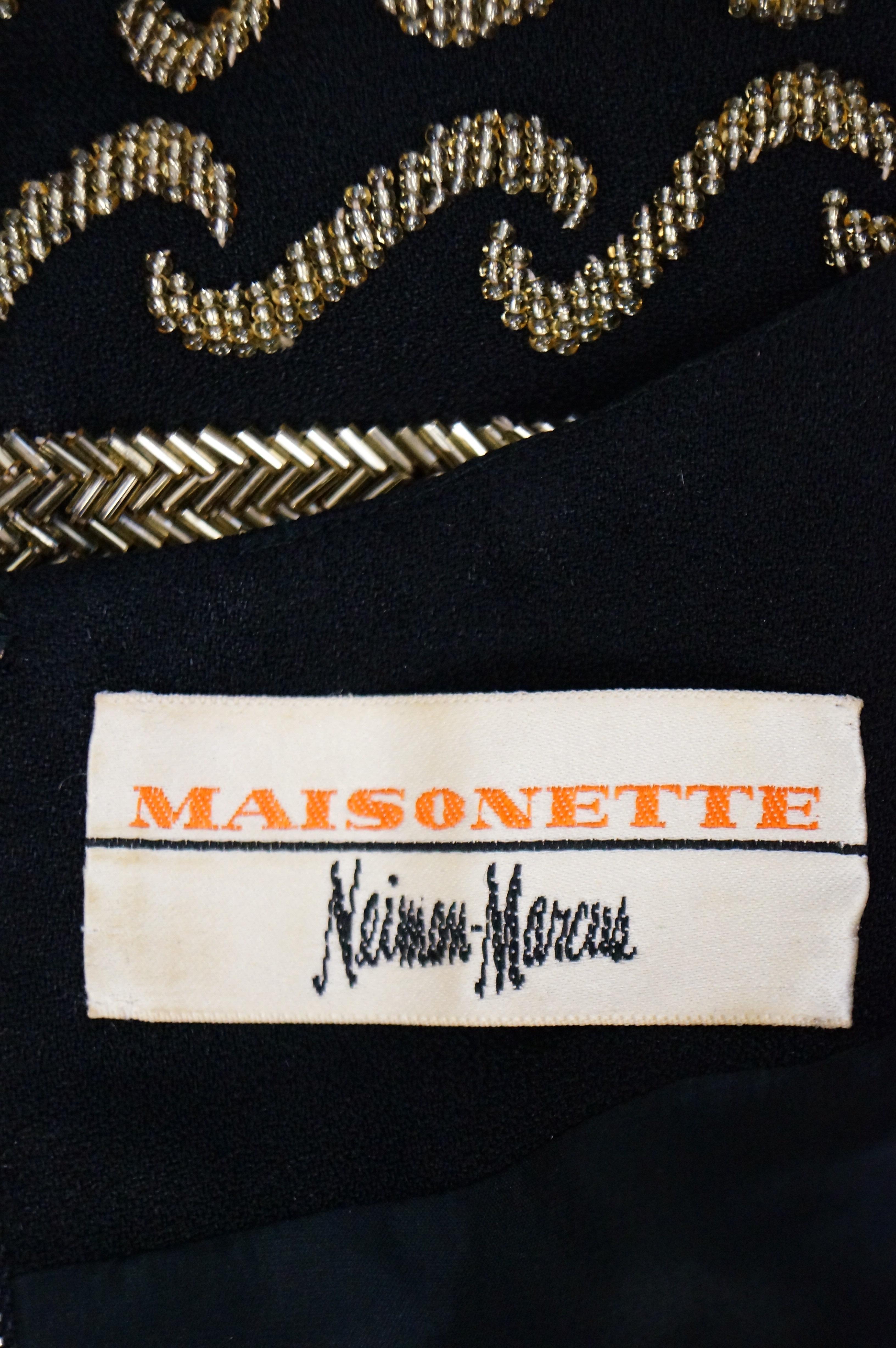 1960s Maisonette Silk Cocktail Dress w/ Gold Bead & Blue Rhinestone Detail 5