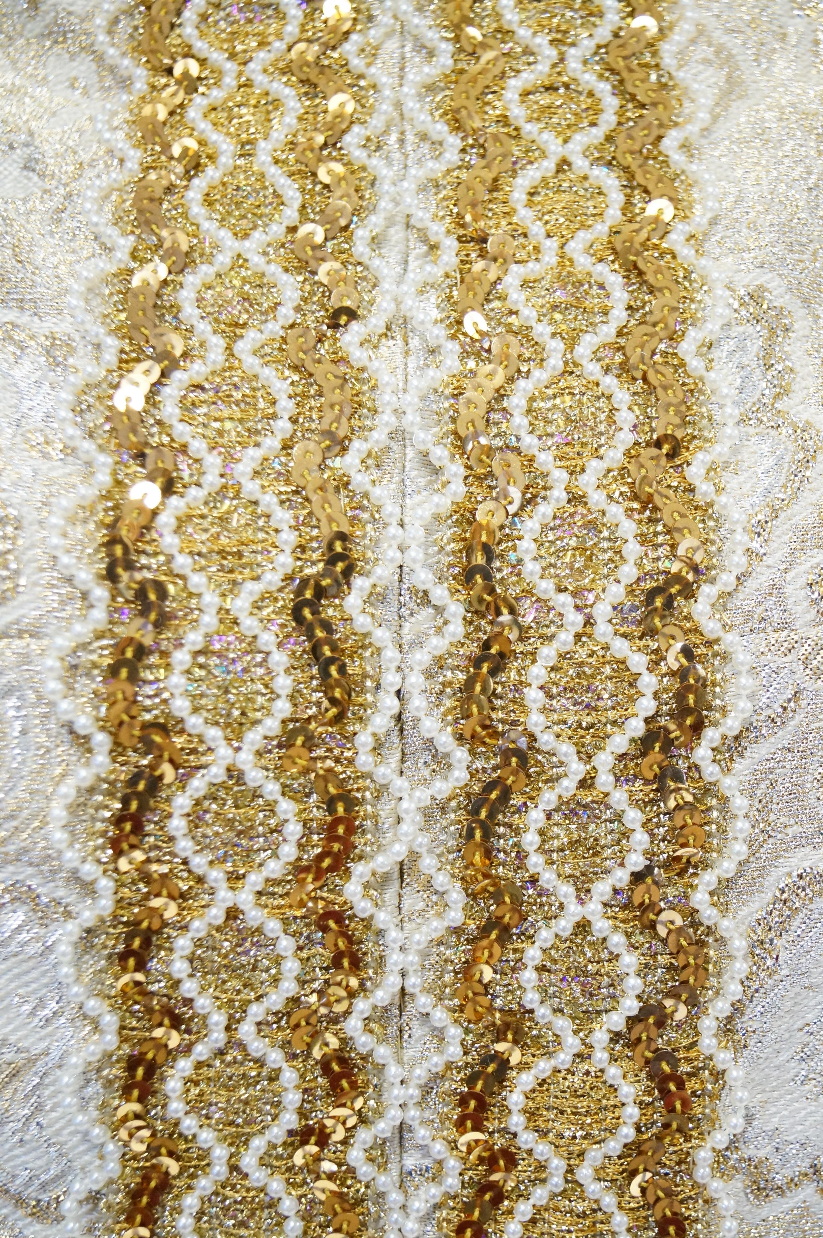 1960s Couture Metallic Gold Brocade Maxi Dress with Sequin and Pearl Bead Detail In Excellent Condition In Houston, TX