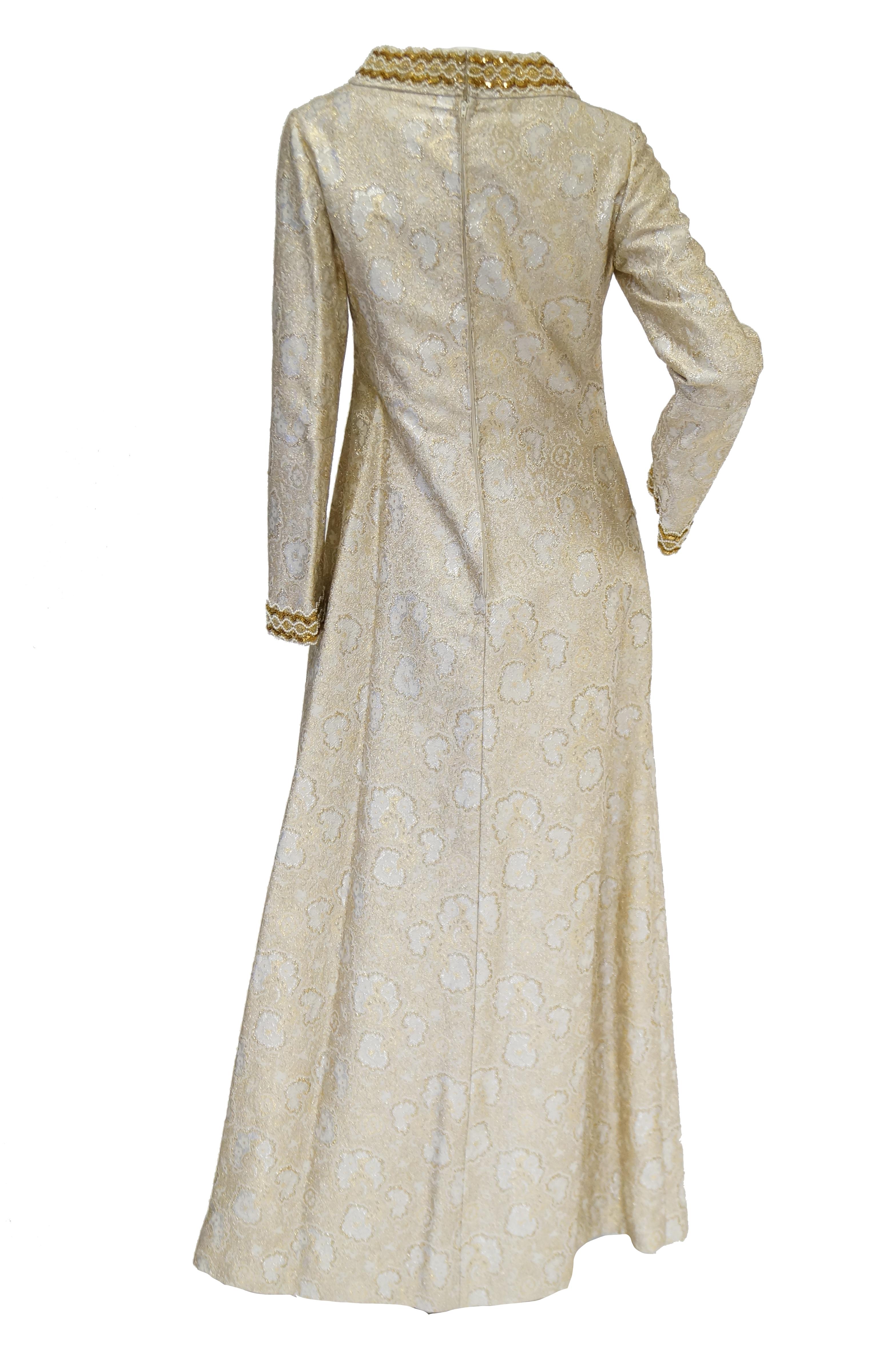 1960s Couture Metallic Gold Brocade Maxi Dress with Sequin and Pearl Bead Detail 2