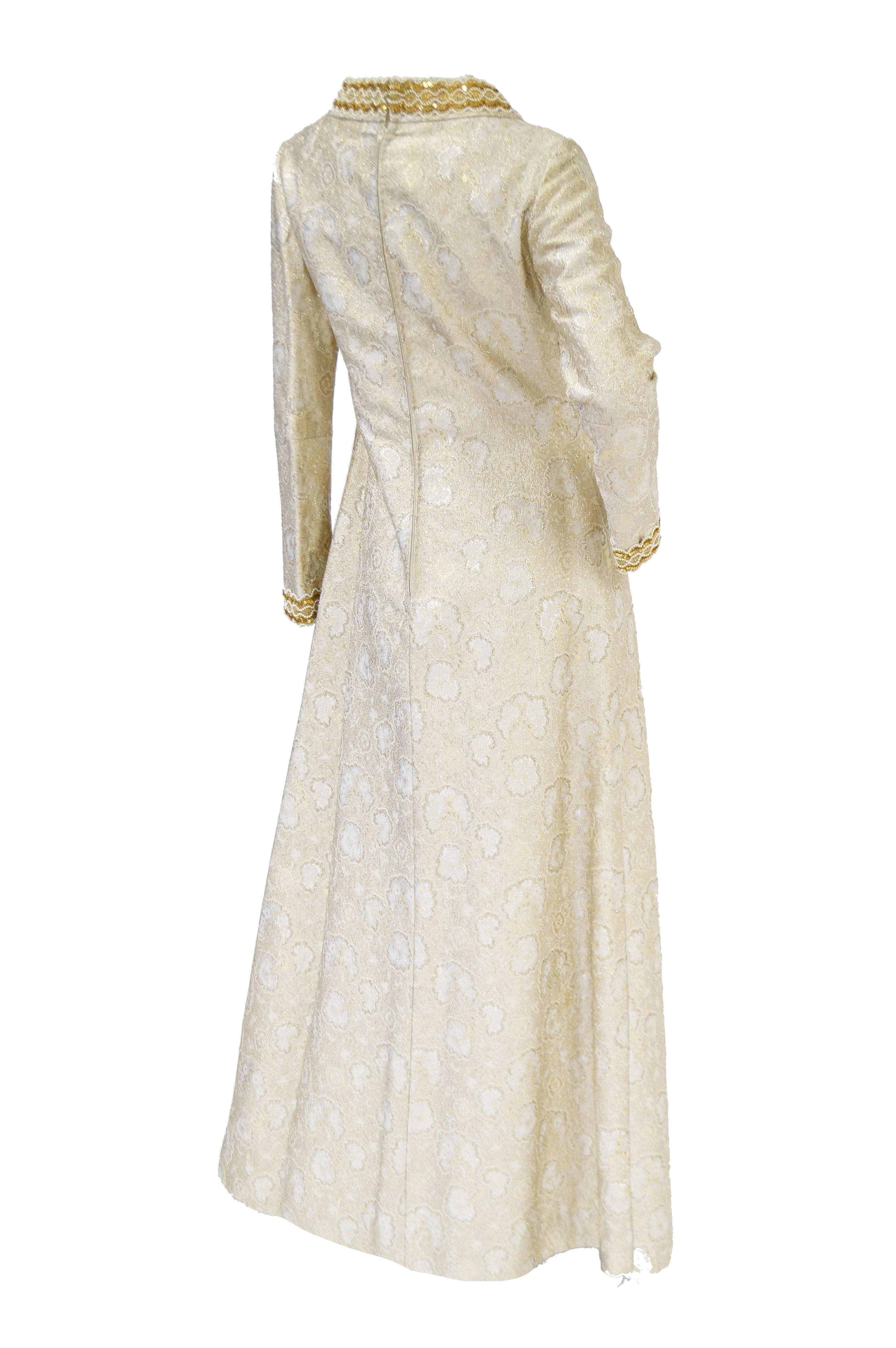 1960s Couture Metallic Gold Brocade Maxi Dress with Sequin and Pearl Bead Detail 1