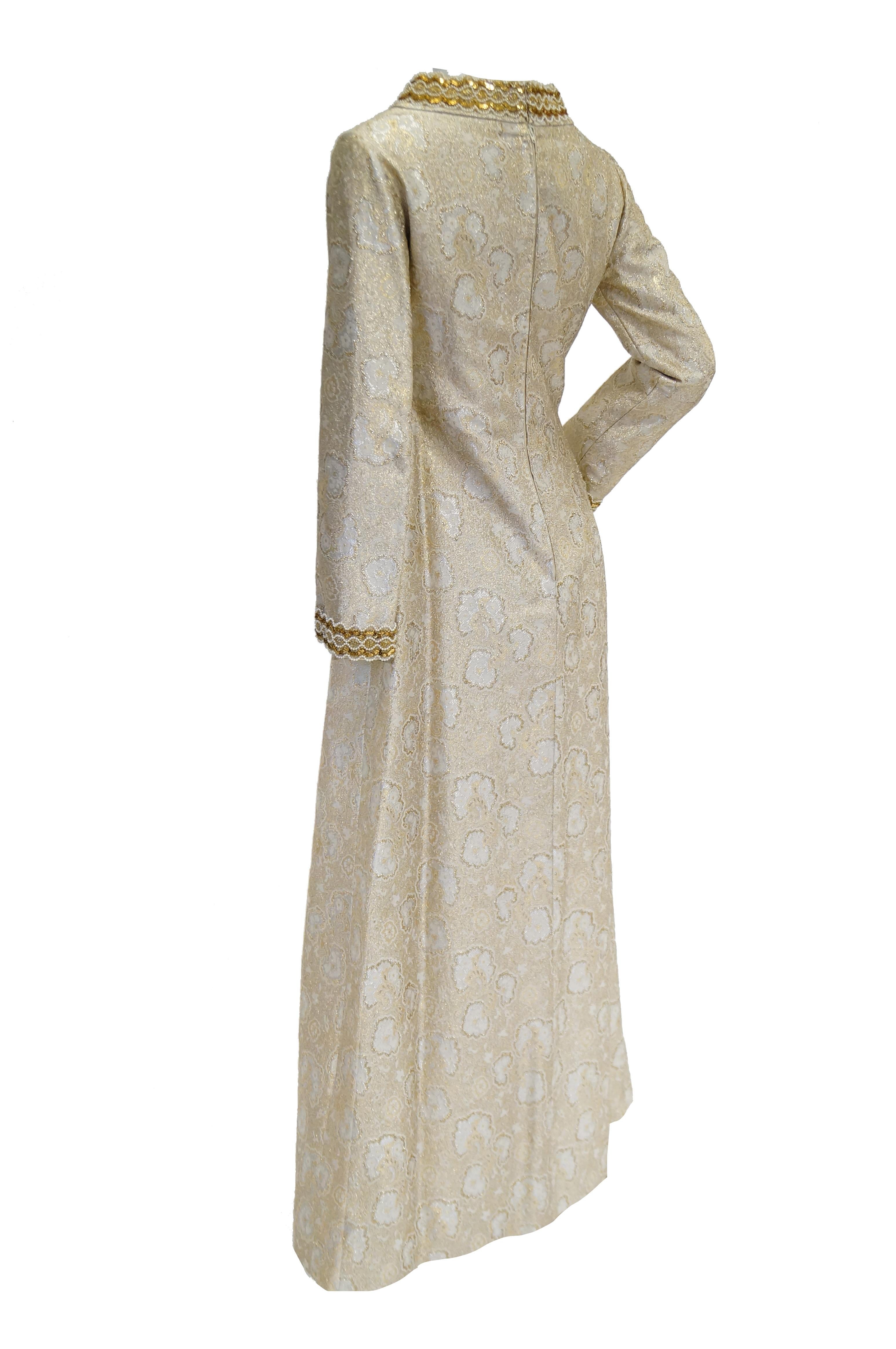 1960s Couture Metallic Gold Brocade Maxi Dress with Sequin and Pearl Bead Detail 3
