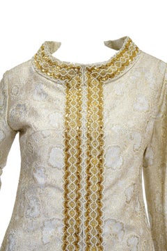 1960s Couture Metallic Gold Brocade Maxi Dress with Sequin and Pearl Bead Detail