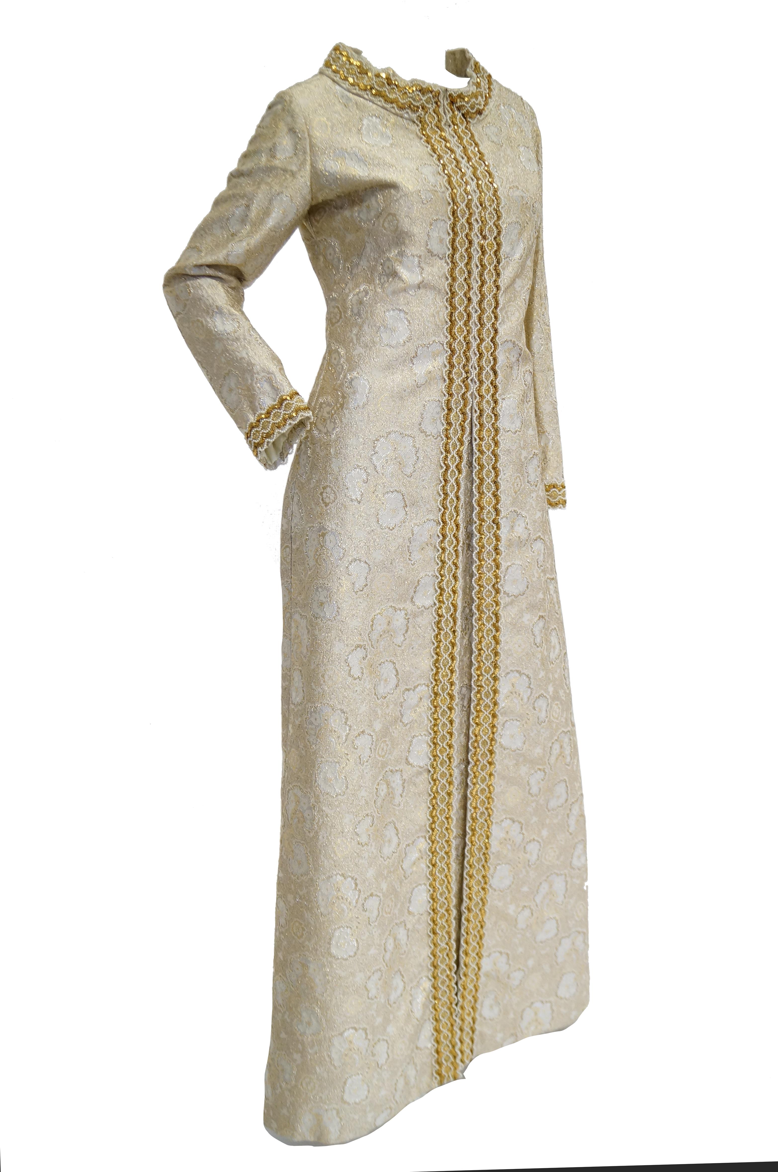 Women's 1960s Couture Metallic Gold Brocade Maxi Dress with Sequin and Pearl Bead Detail