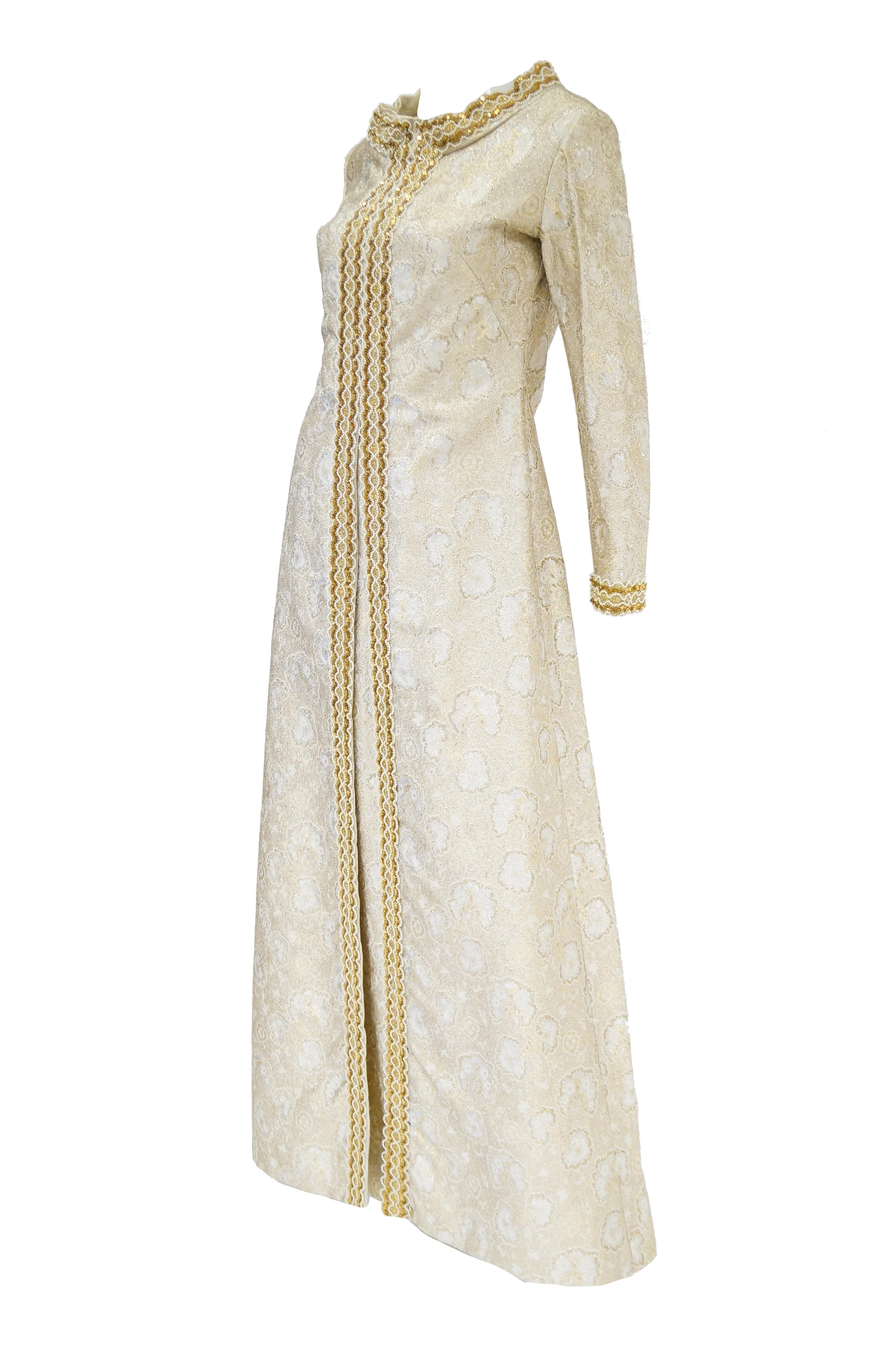1960s Couture Metallic Gold Brocade Maxi Dress with Sequin and Pearl Bead Detail 4