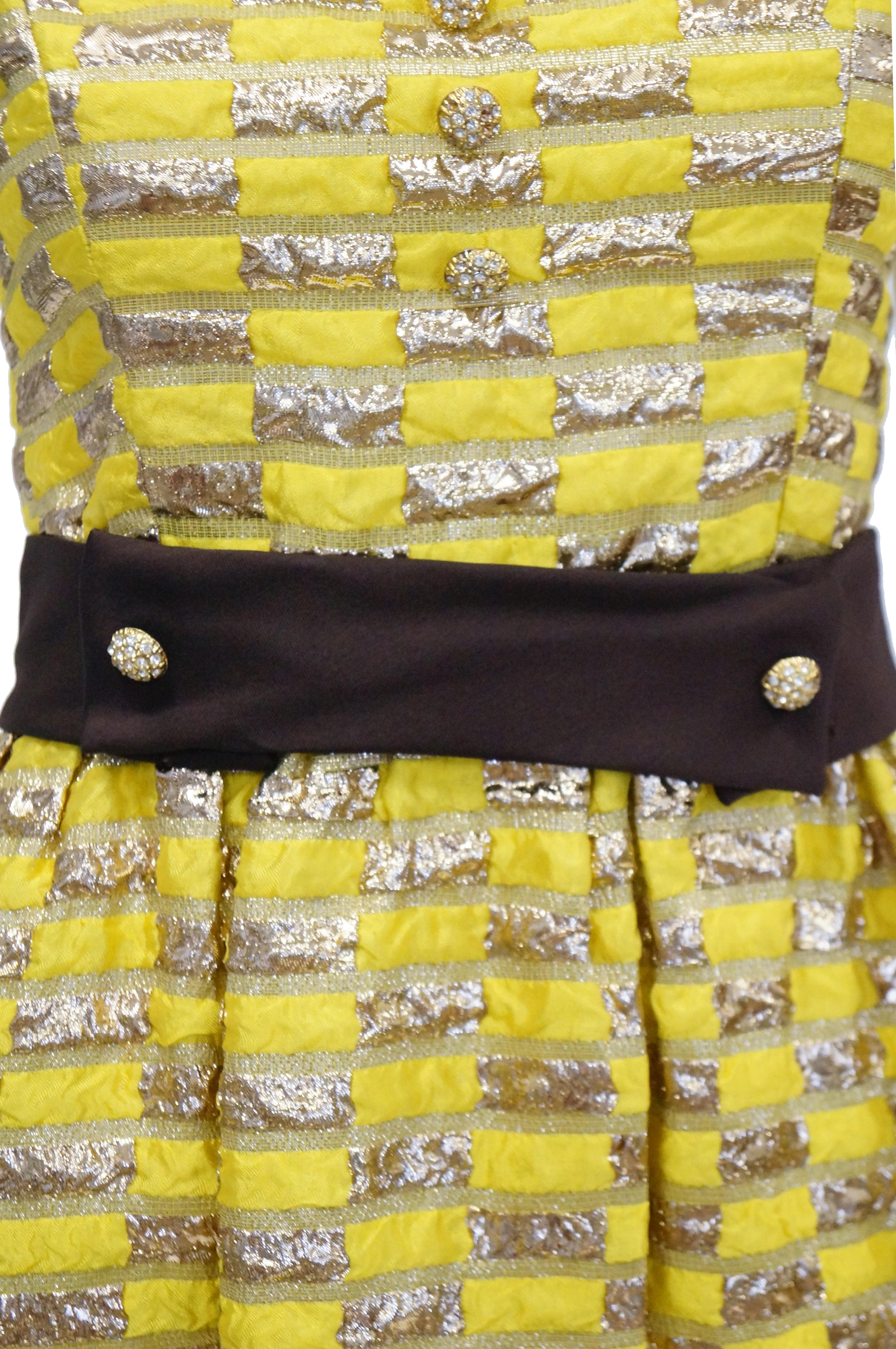 1960s Oscar de la Renta Yellow and Gold Checkerboard Print Evening Dress (Braun)