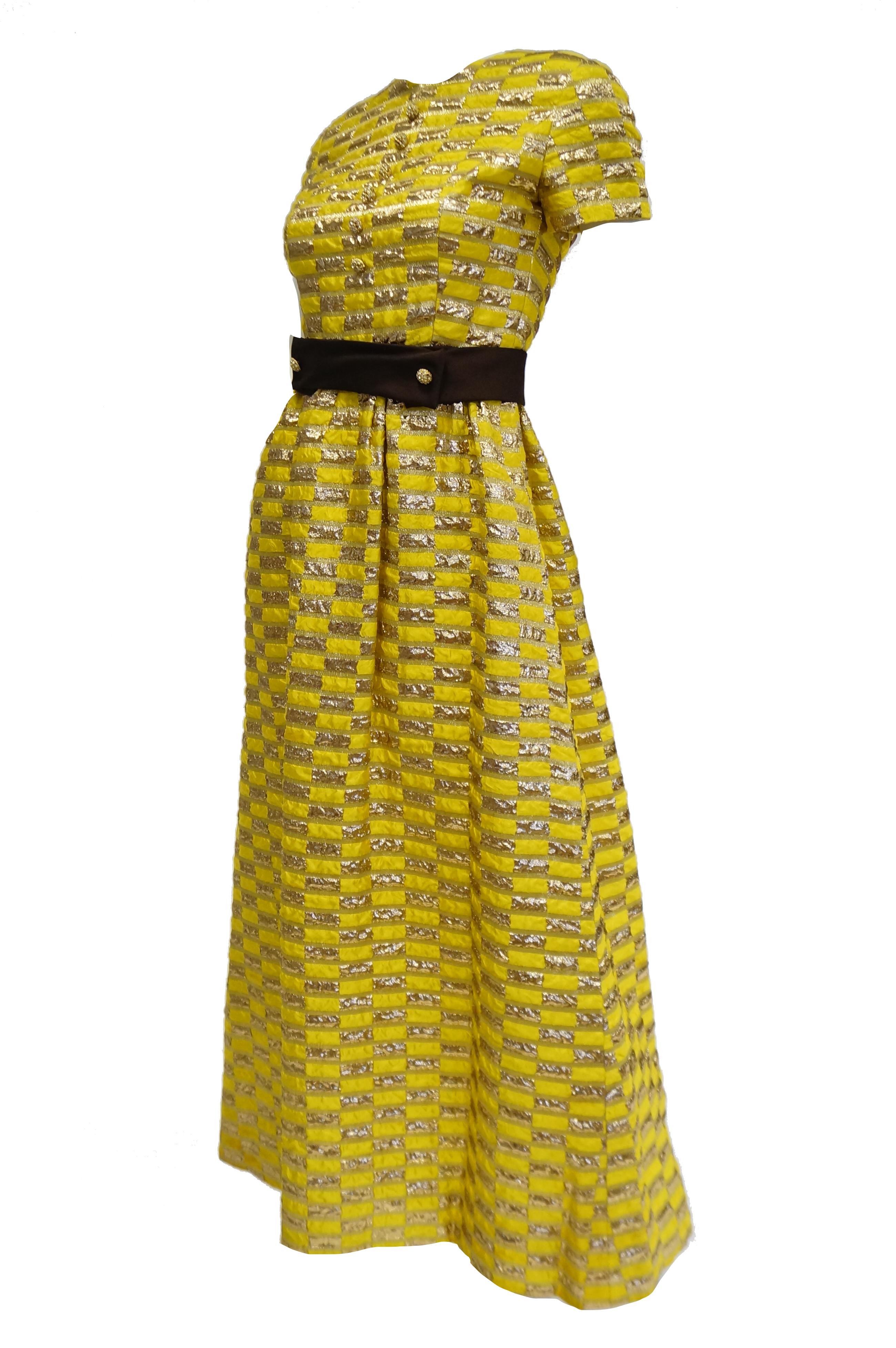 1960s Oscar de la Renta Yellow and Gold Checkerboard Print Evening Dress im Zustand „Hervorragend“ in Houston, TX