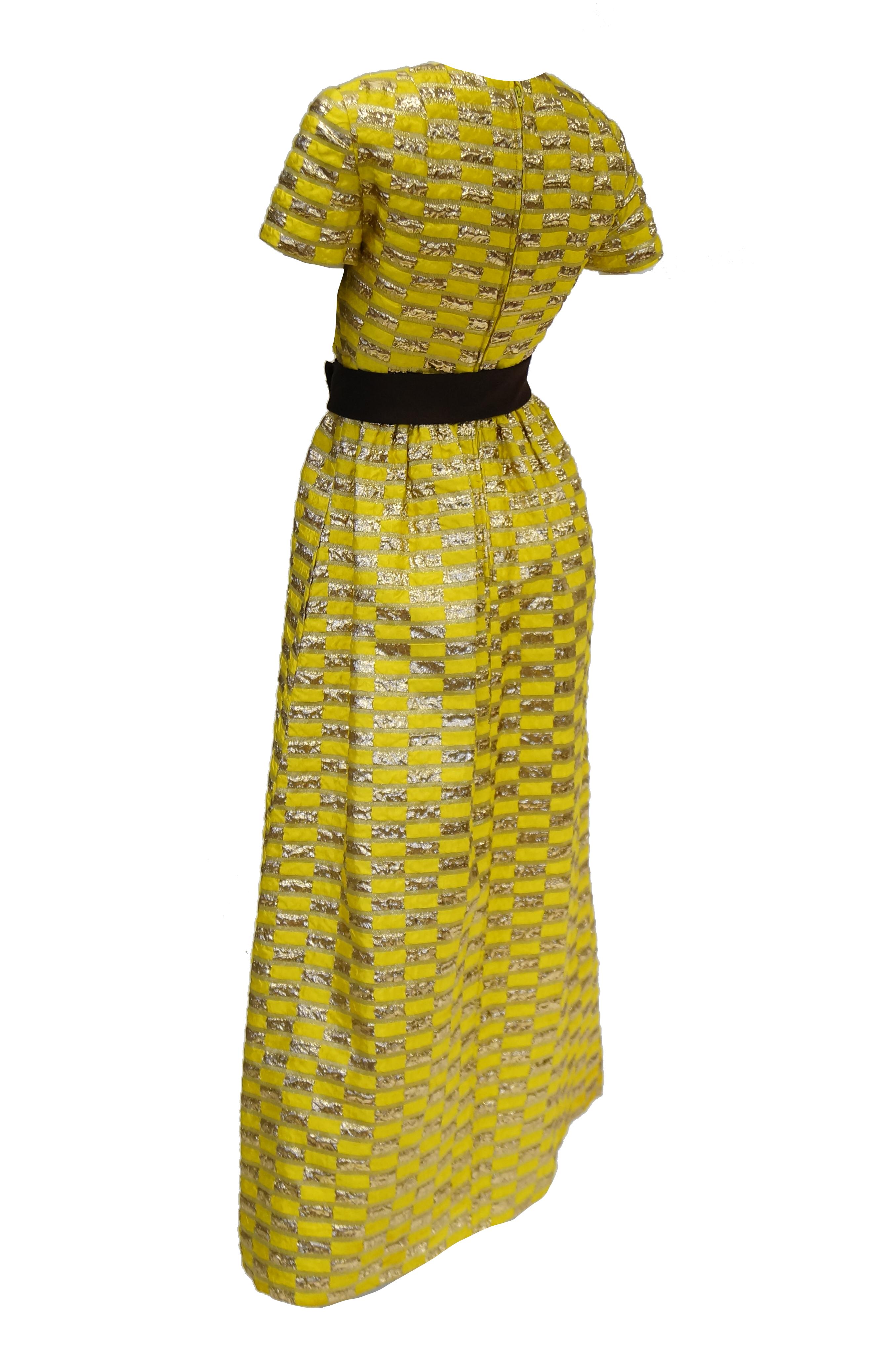 1960s Oscar de la Renta Yellow and Gold Checkerboard Print Evening Dress Damen