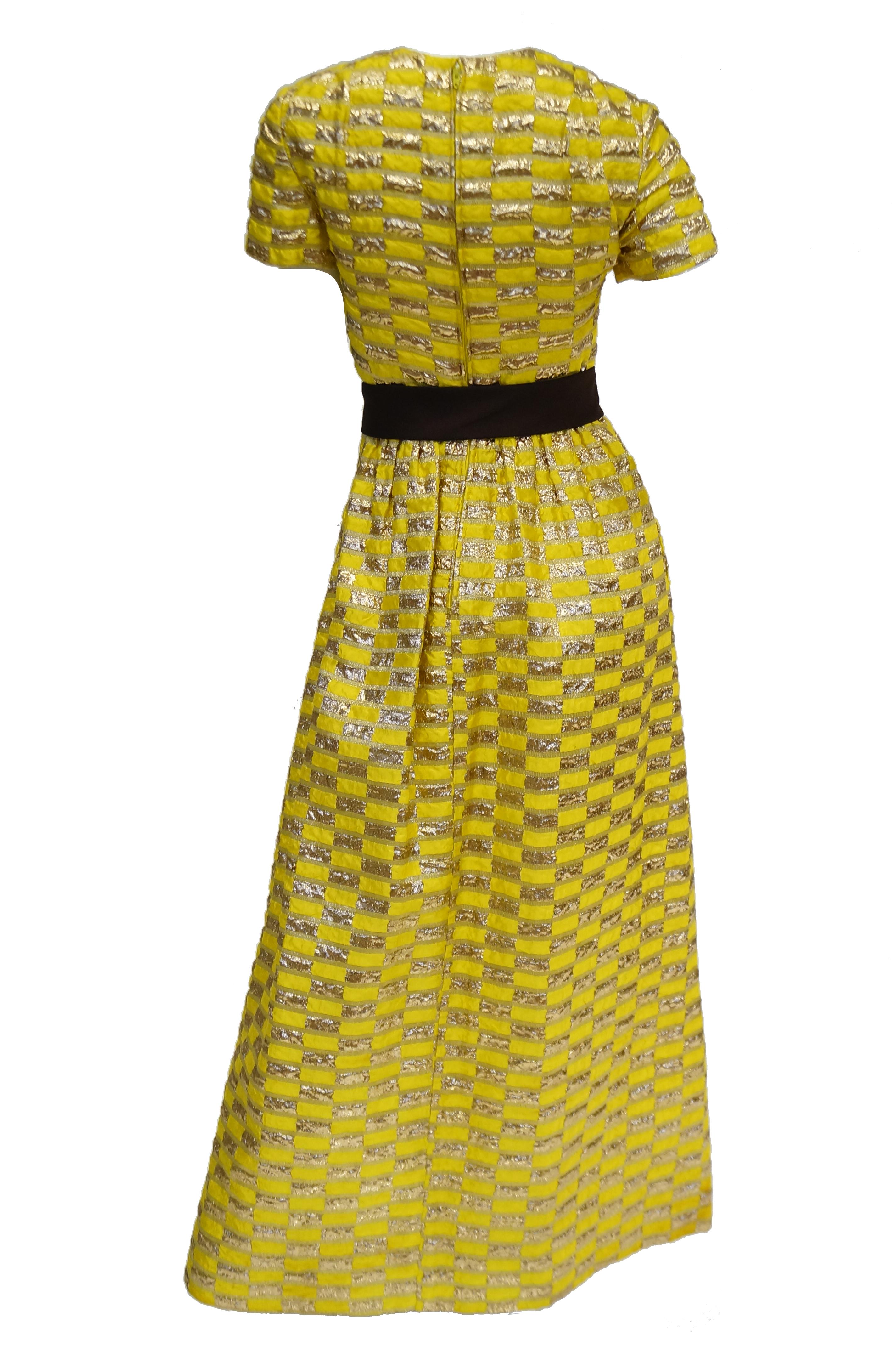 1960s Oscar de la Renta Yellow and Gold Checkerboard Print Evening Dress 1