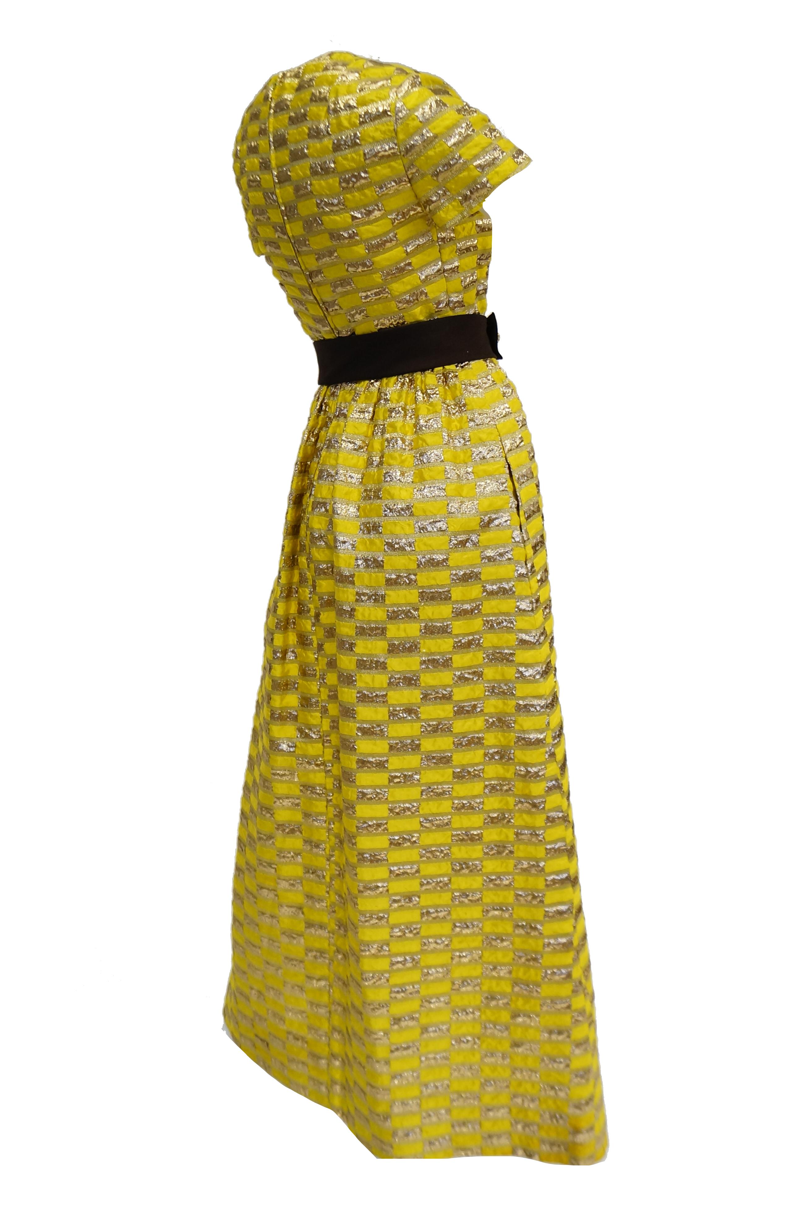 1960s Oscar de la Renta Yellow and Gold Checkerboard Print Evening Dress 2