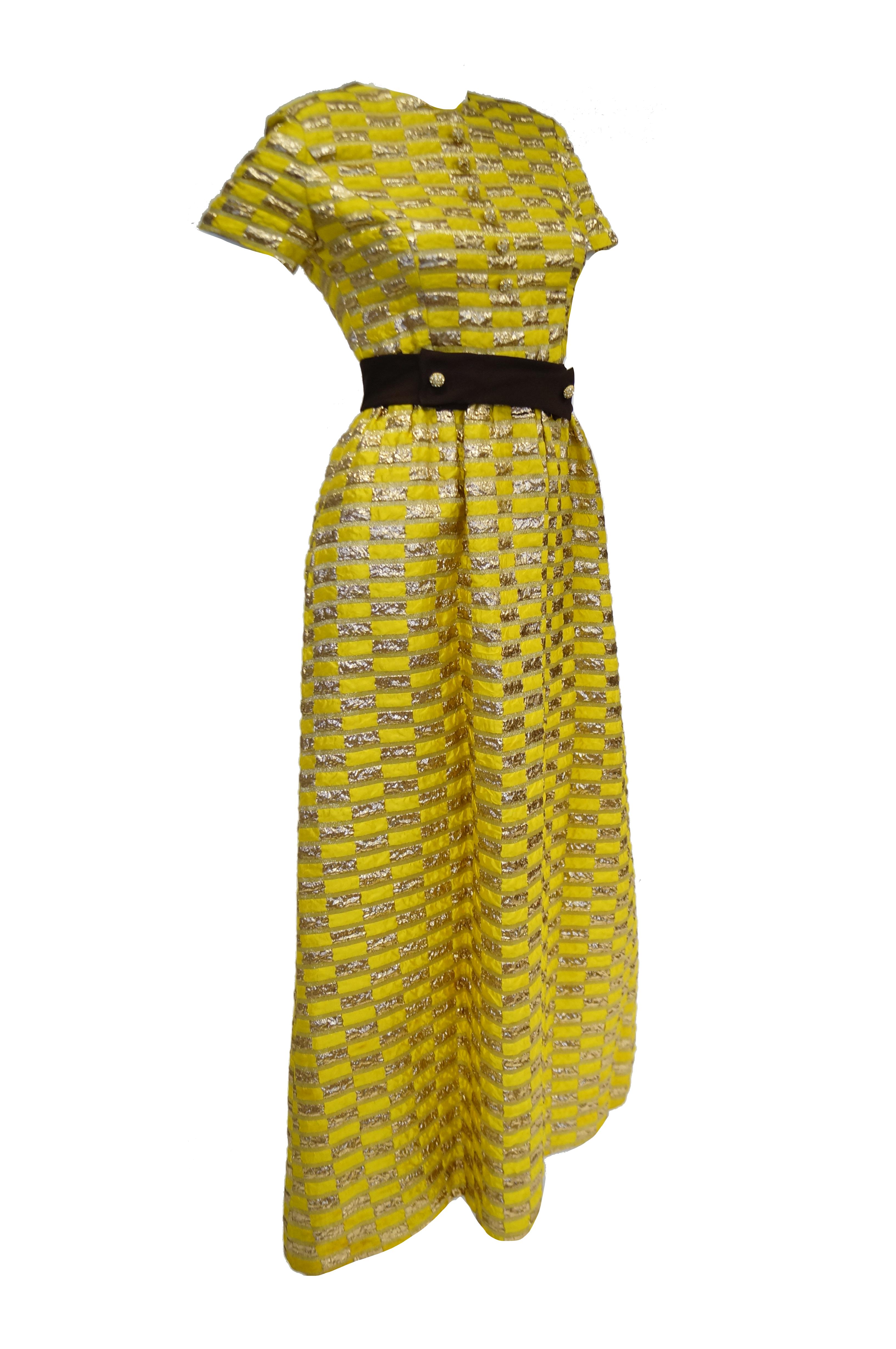 1960s Oscar de la Renta Yellow and Gold Checkerboard Print Evening Dress 3