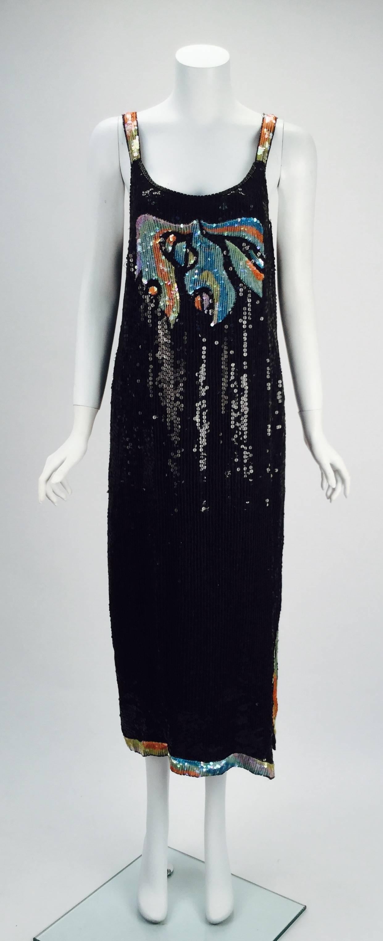 1980s Stunning Sleeveless Black and Multi-Colored Sequin and Beaded Dress 5