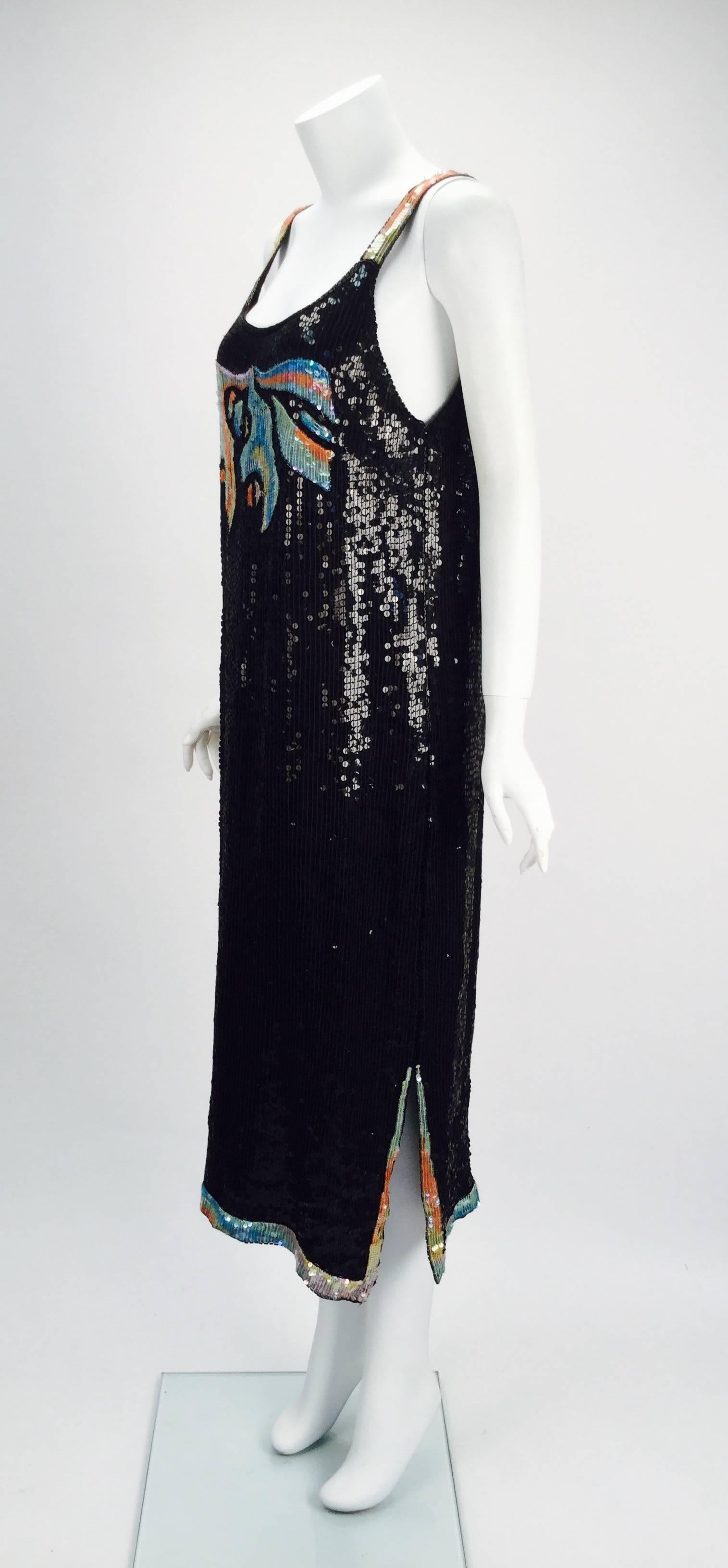 1980s Stunning Sleeveless Black and Multi-Colored Sequin and Beaded Dress 1