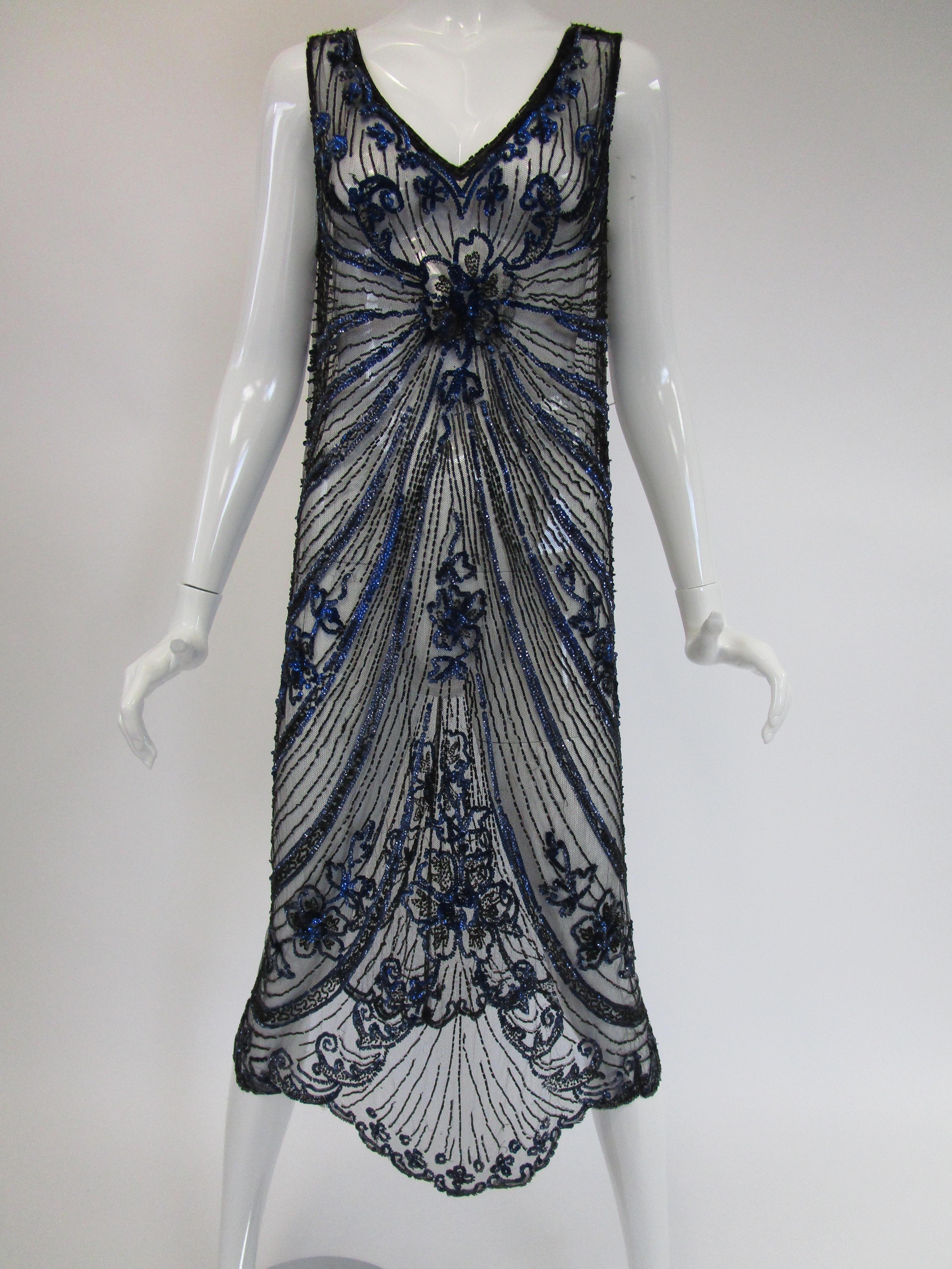 Women's 1920s Black Net Blue Sequin and Beaded Flapper Dress