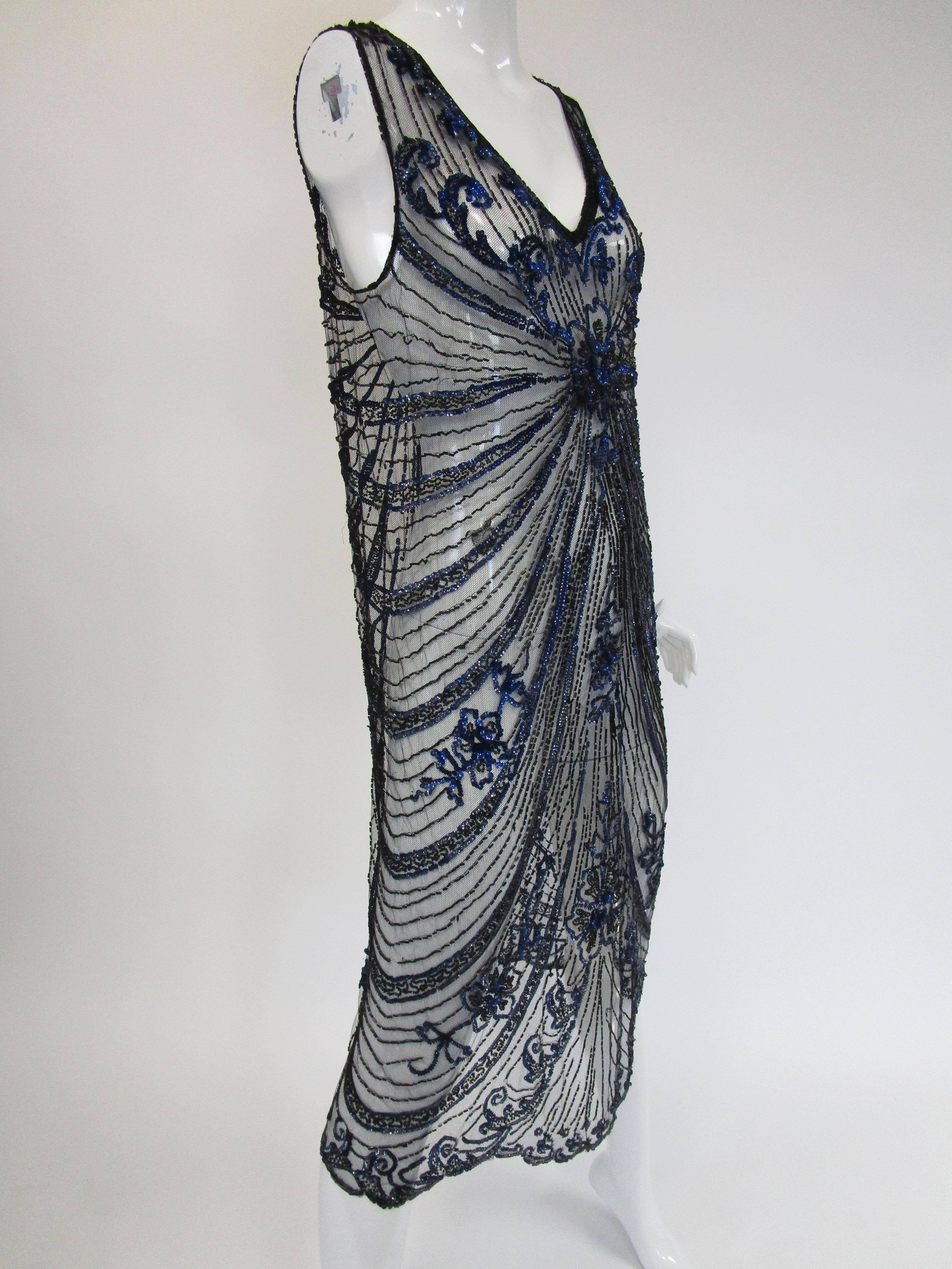 1920s Black Net Blue Sequin and Beaded Flapper Dress 3