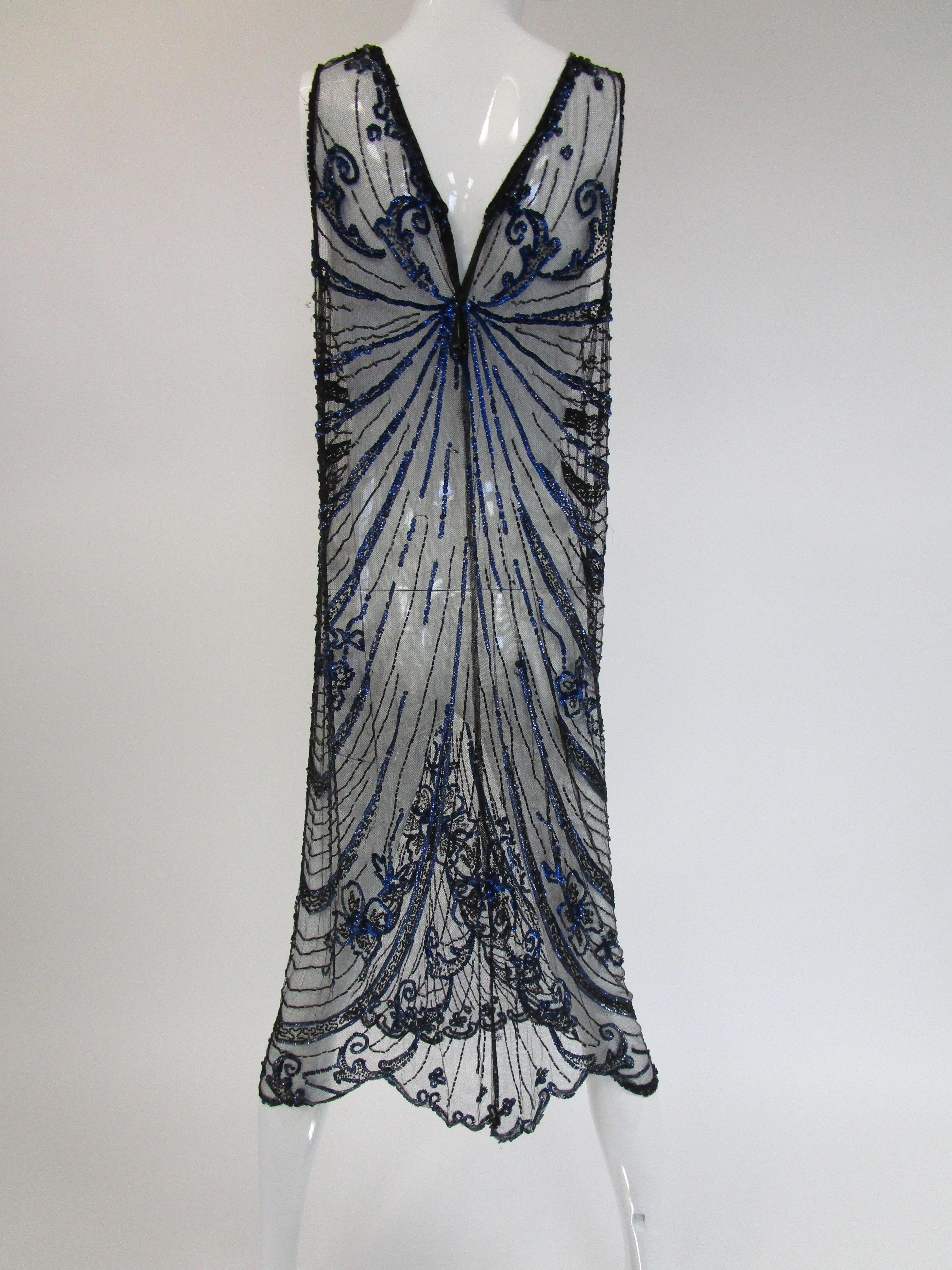1920s Black Net Blue Sequin and Beaded Flapper Dress 5