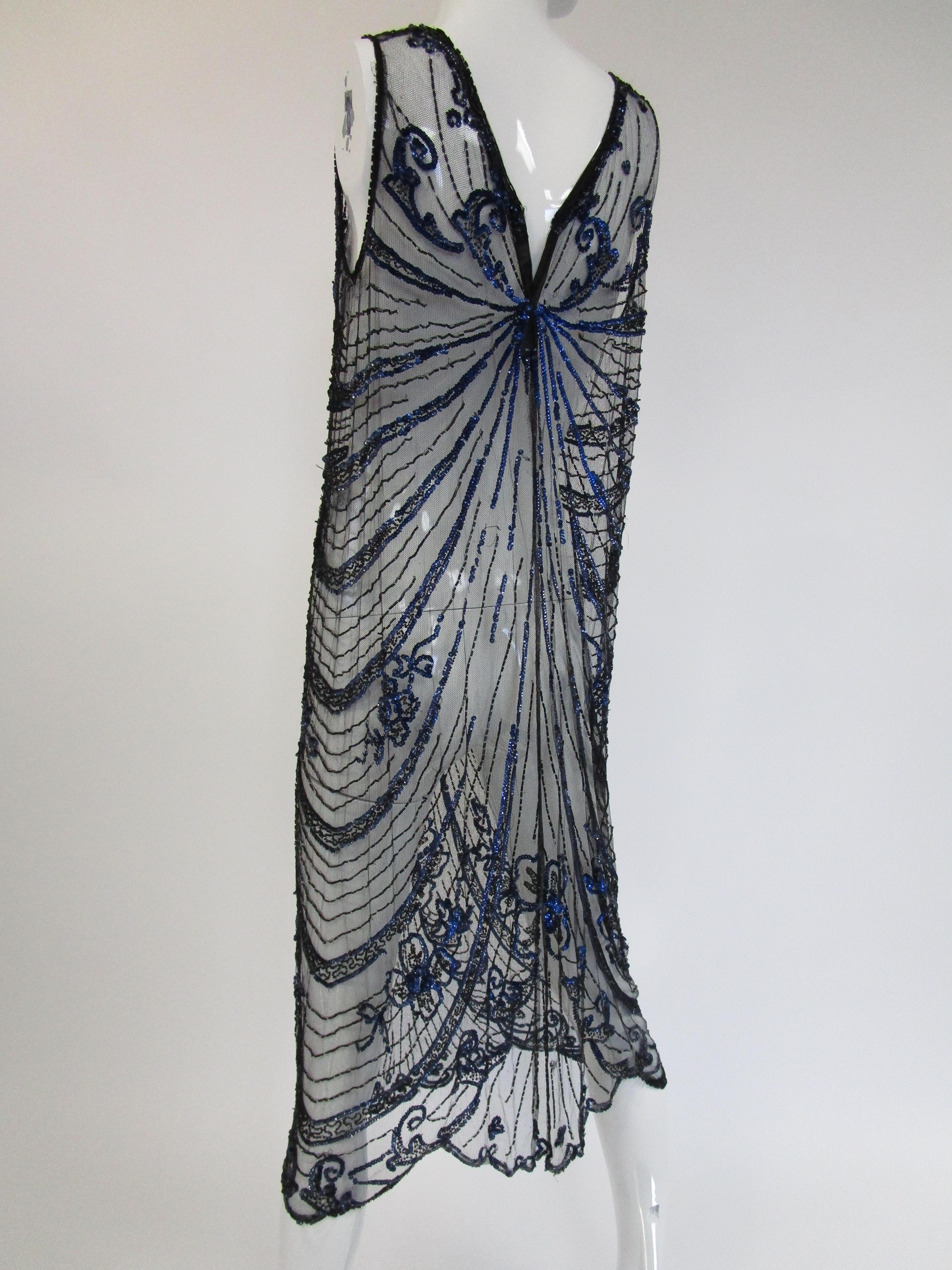 1920s Black Net Blue Sequin and Beaded Flapper Dress 6