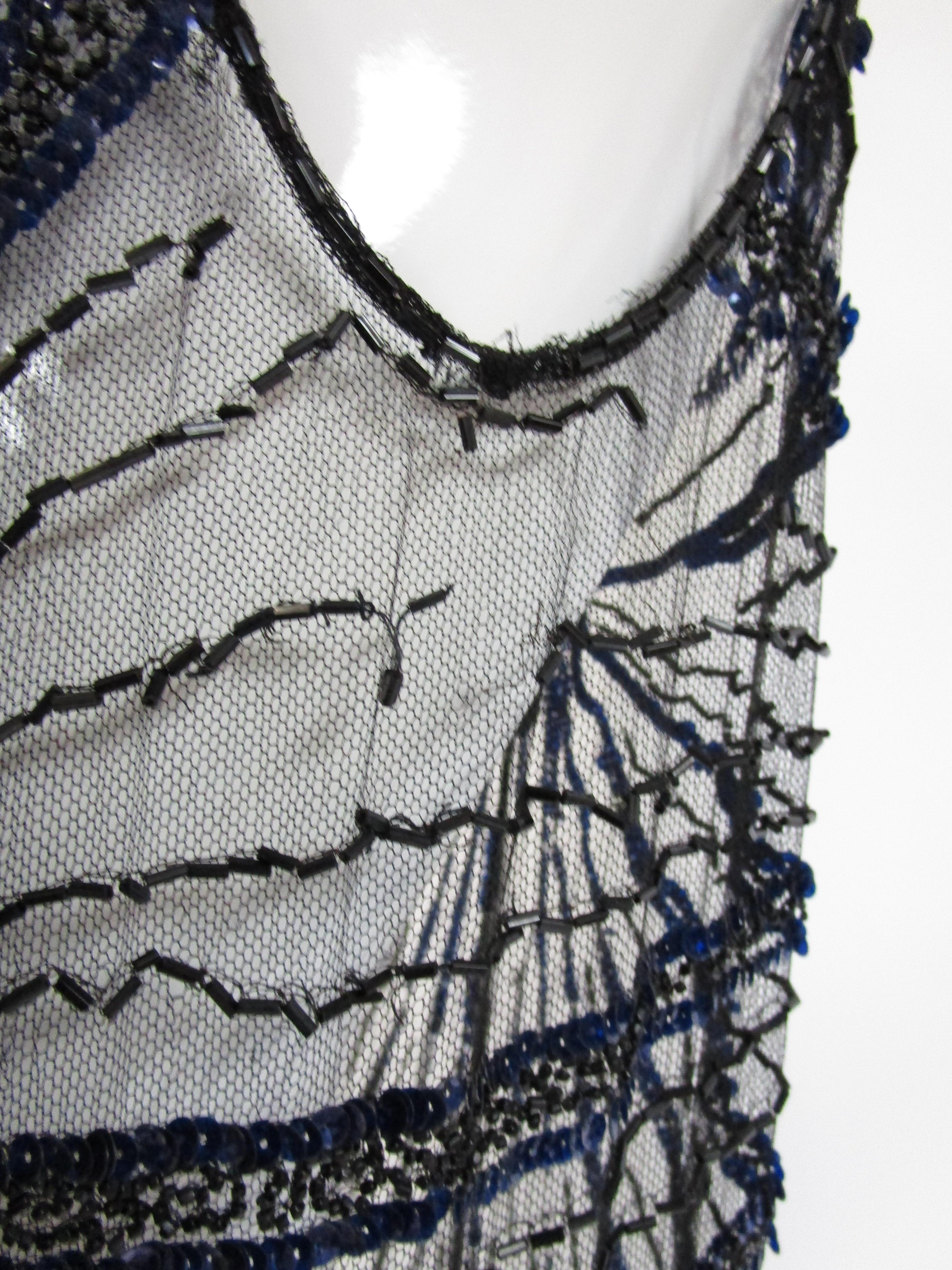 1920s Black Net Blue Sequin and Beaded Flapper Dress 7