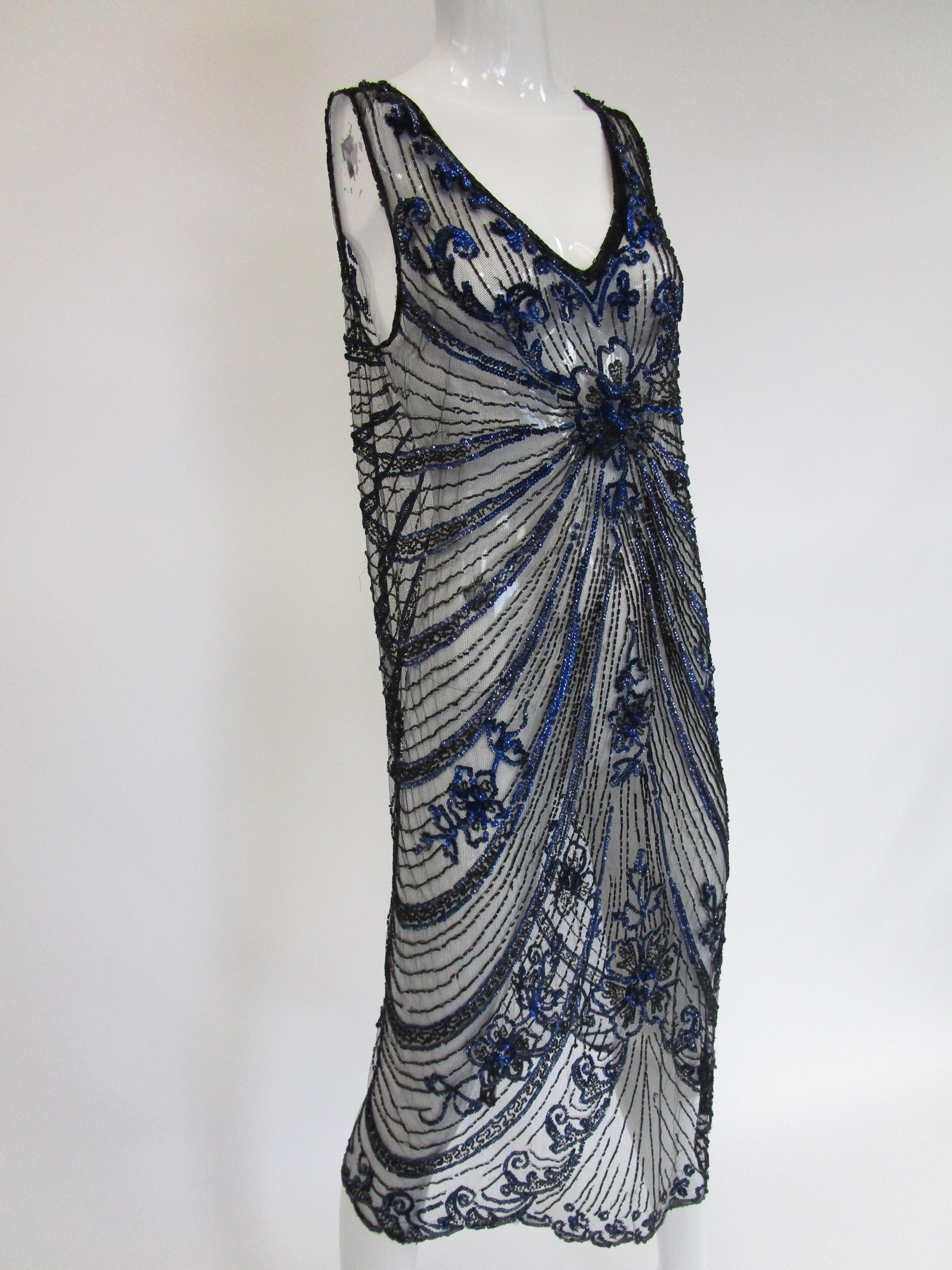 1920s Black Net Blue Sequin and Beaded Flapper Dress 8