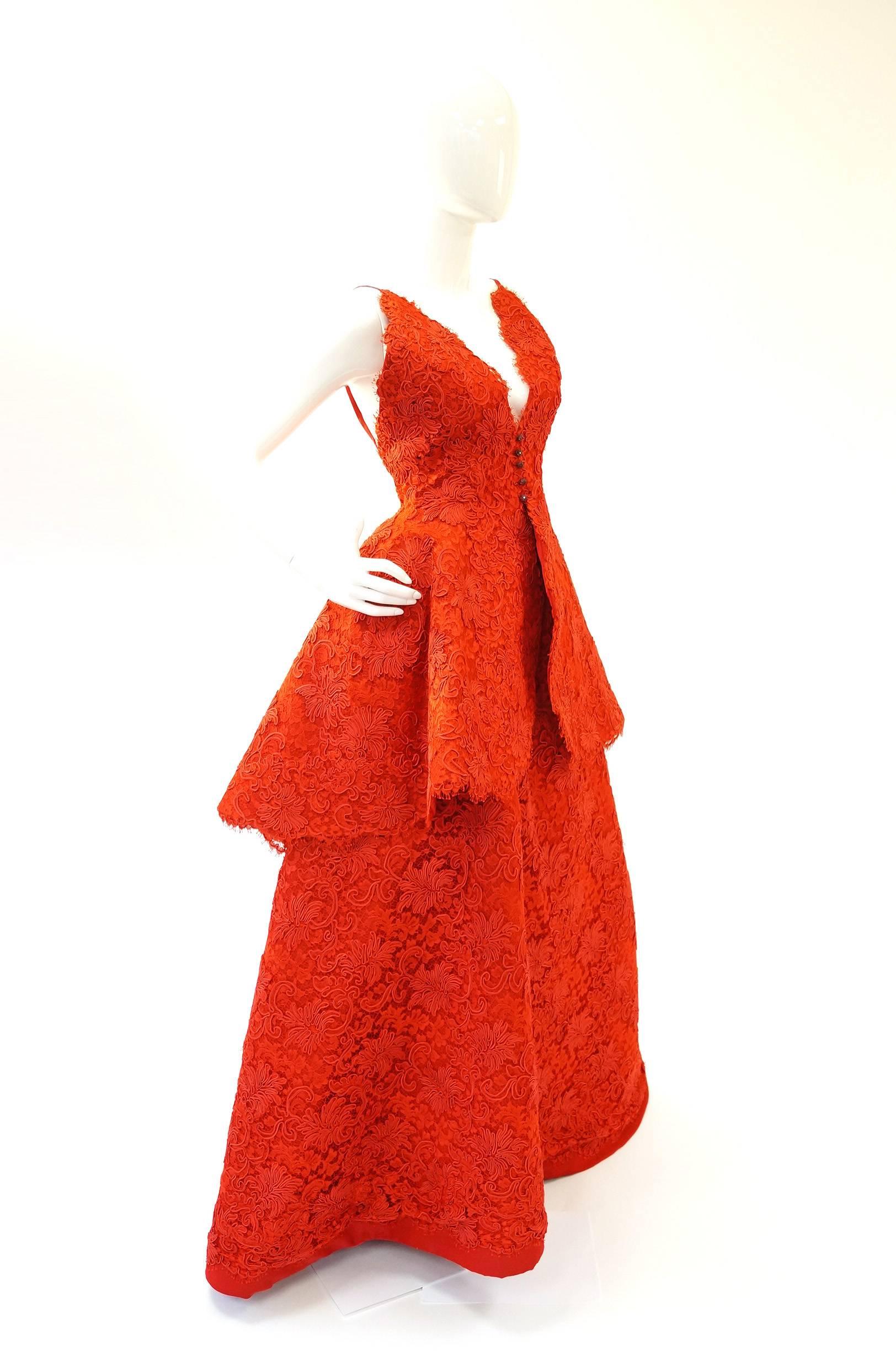 1995 Nina Ricci Couture Red Corded Lace Evening Gown In Excellent Condition For Sale In Houston, TX