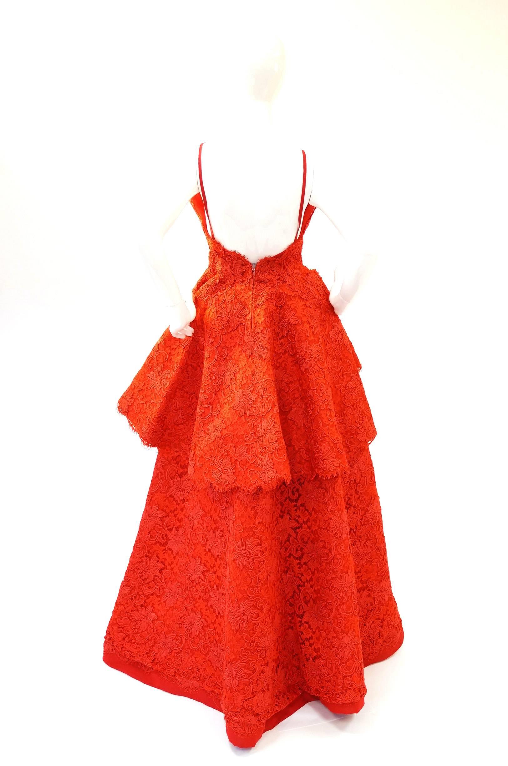 Women's 1995 Nina Ricci Couture Red Corded Lace Evening Gown For Sale