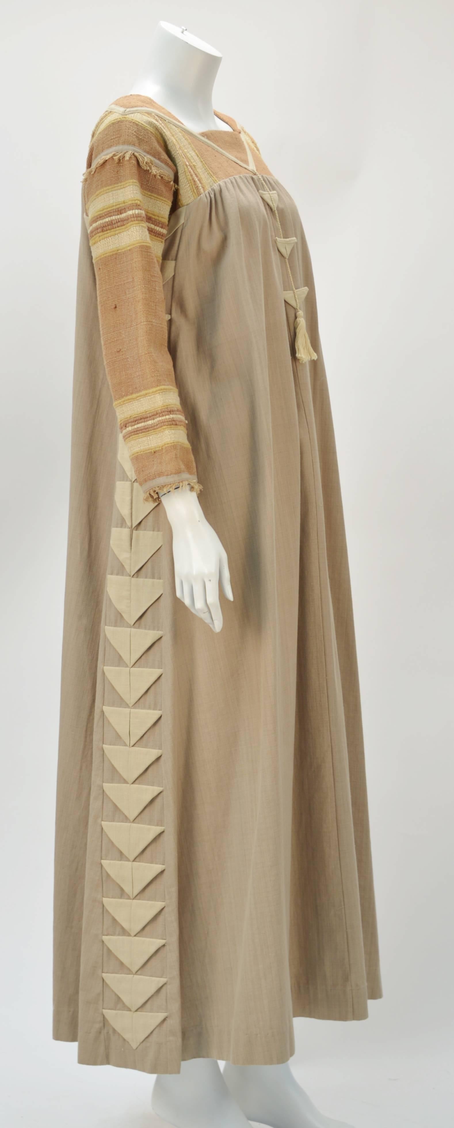 Ethnic 1970's 100% cotton tan and brown caftan by OPUS 1 by Diana Martin. Made in Mexico. Expat fashion designer settled in Guadalajara in the 1970's and created one of the hippest clothing lines and stores located in Mexico and sold to American