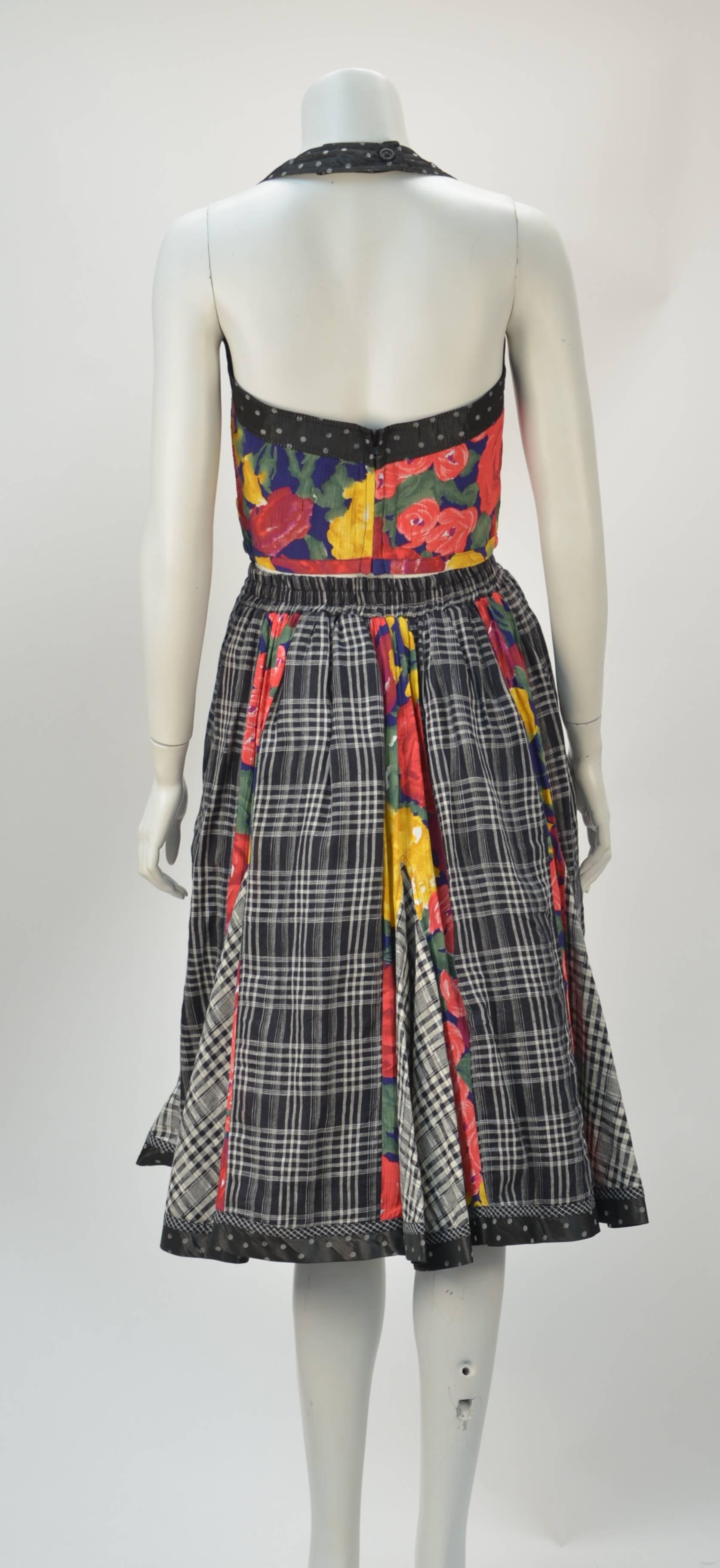 Gray 1980s Koos van den Akker Floral Plaid Ensemble For Sale