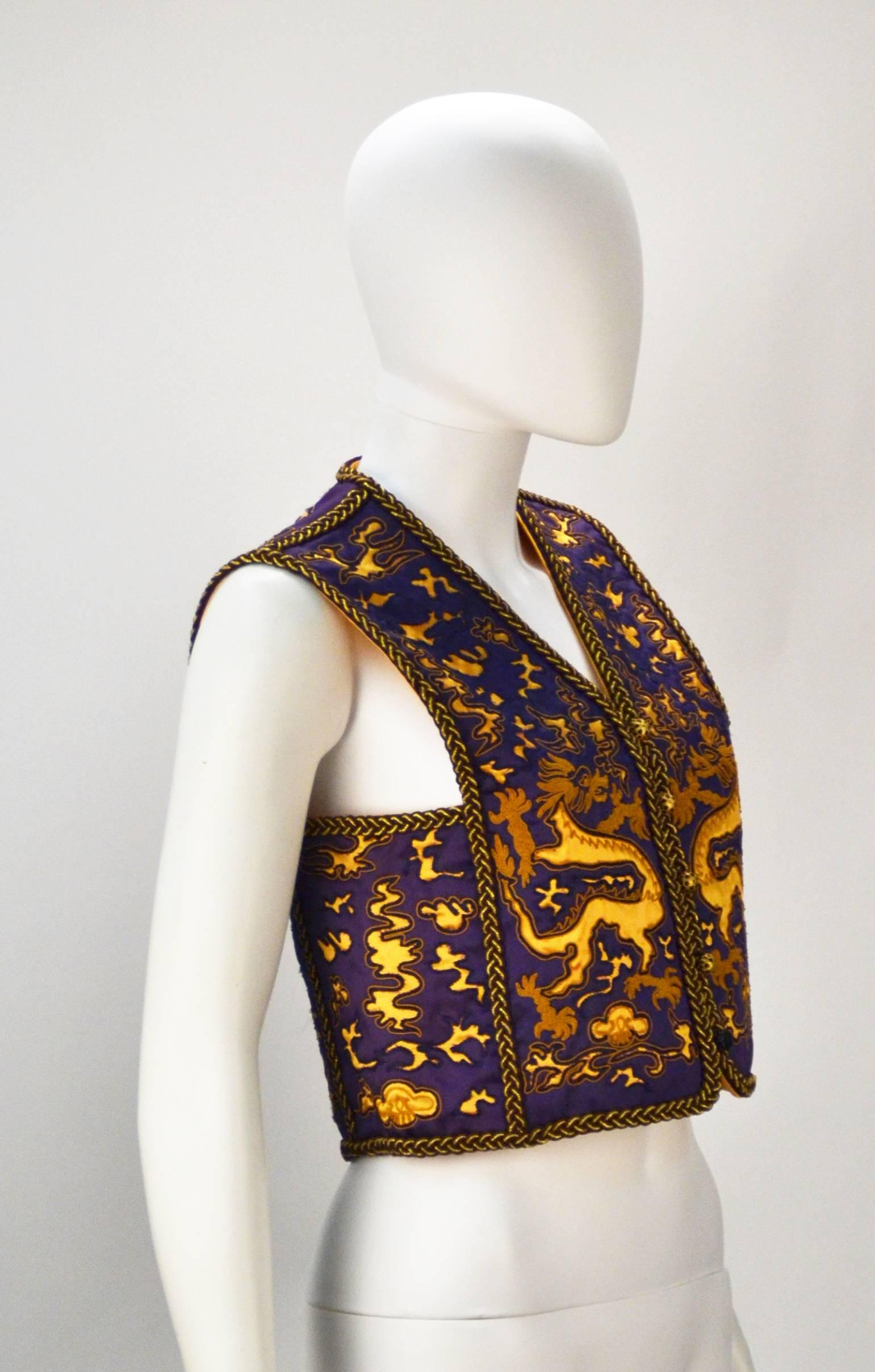 1960's Saint Laurent Rive Gauche purple and light orange Asian inspired with dragon pattern vest. He is known for his love of the dragon, Saint Laurent even owned a 1920's designed dragon chair.  Later designers of the YSL fashion house have paid