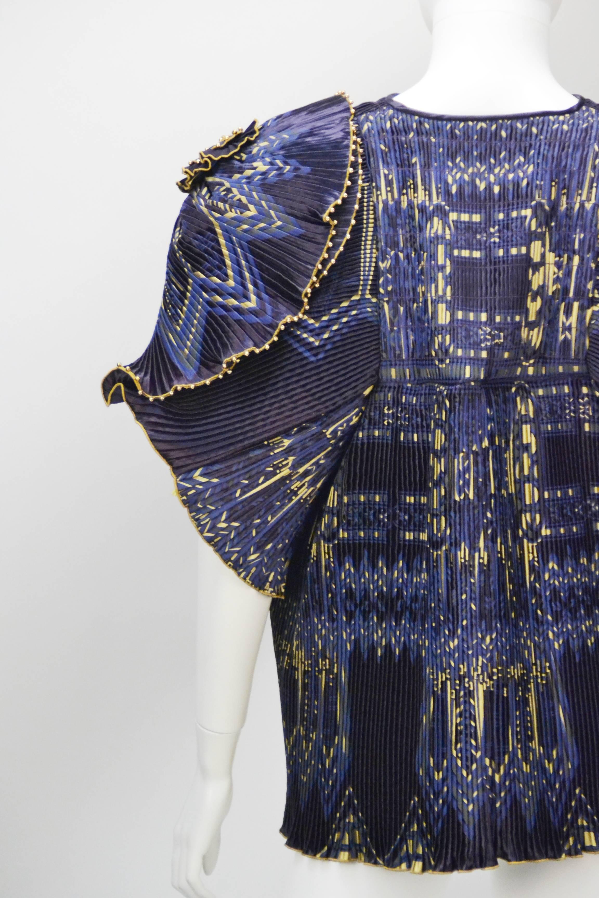 Zandra Rhodes Navy and Gold Pleated Jacket, 1970s  In Excellent Condition In Houston, TX