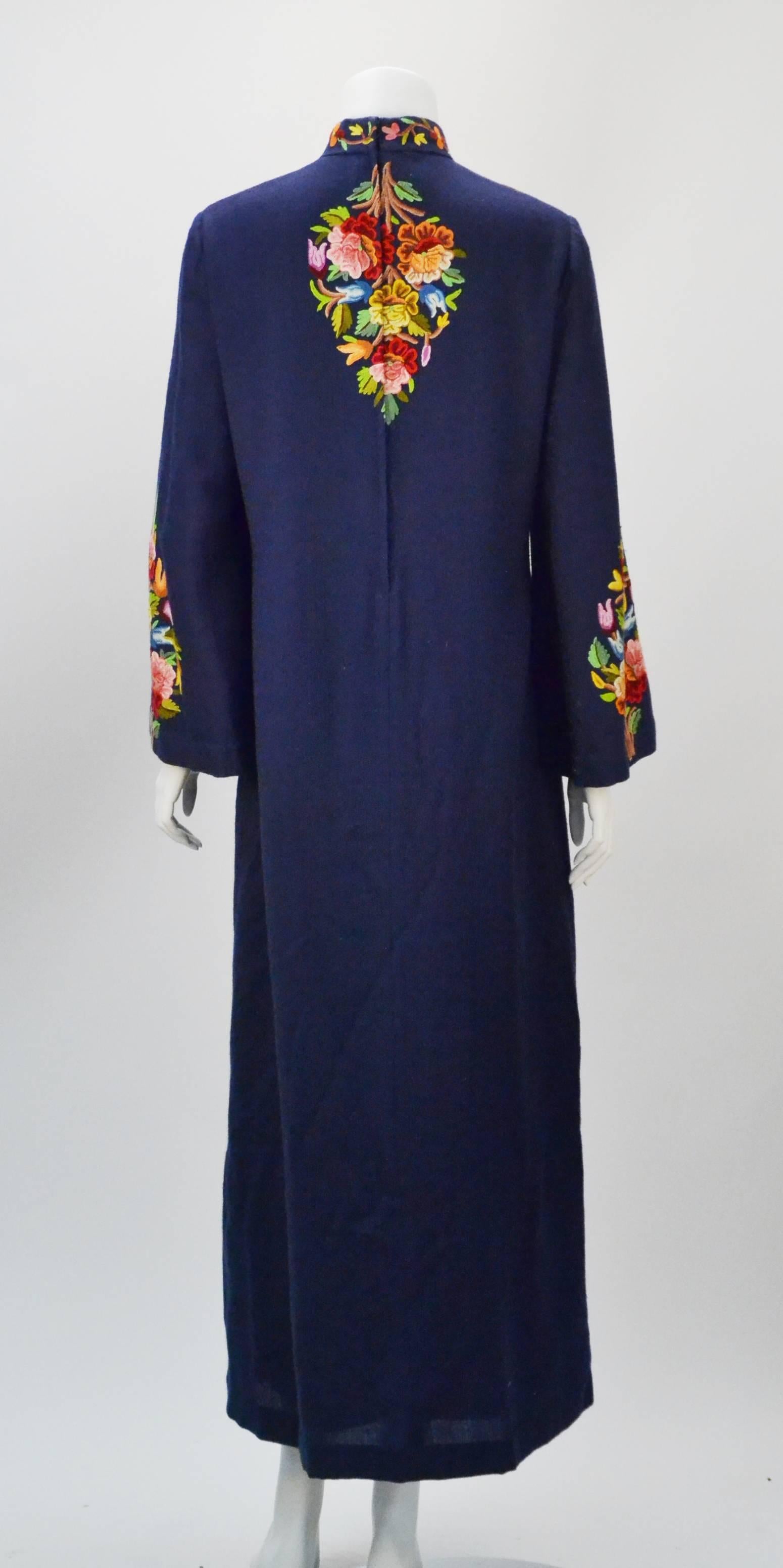 Black 1970s Navy Blue Crewel Embroidered Lined Wool Kaftan 