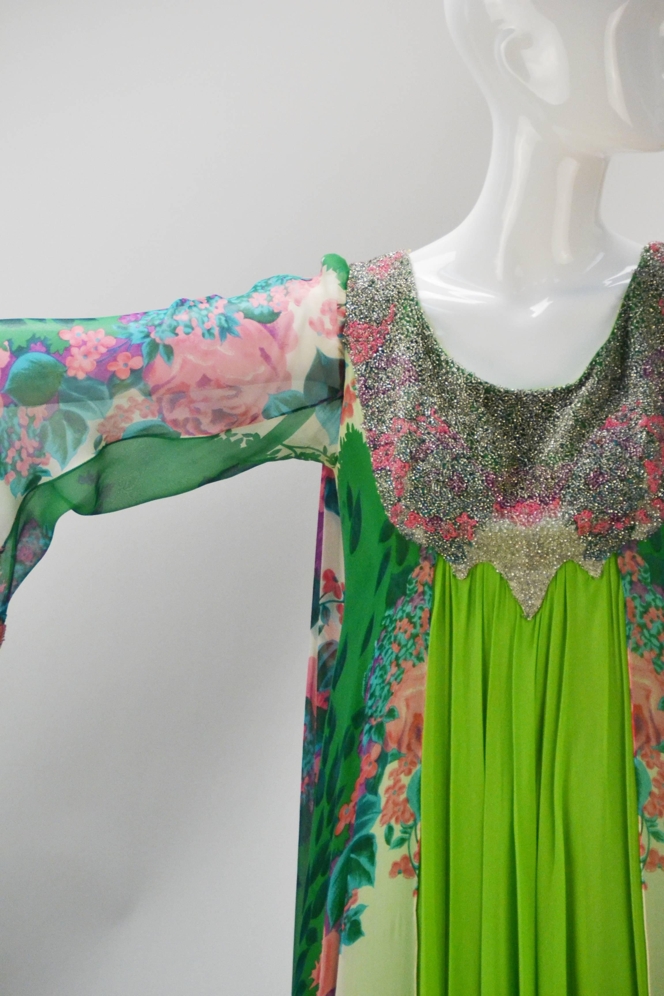 Beaded Green Floral Layered Dress For Sale 1