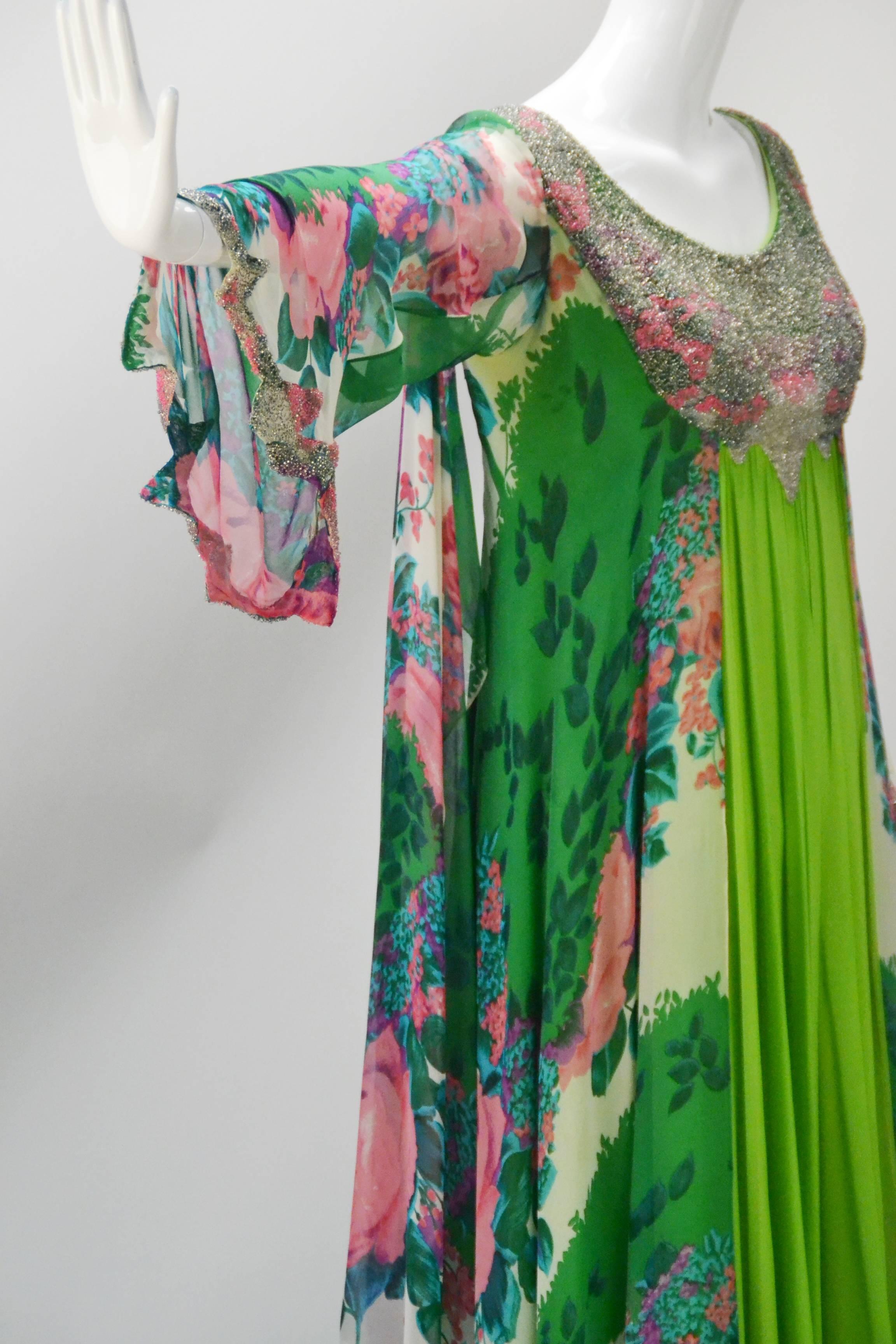Women's Beaded Green Floral Layered Dress For Sale