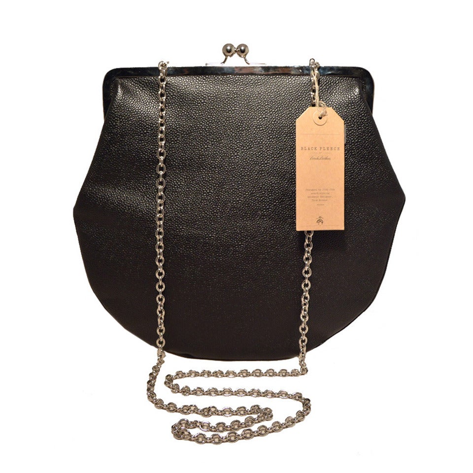 Brooks Brothers Black Caviar Leather Oversized Clutch with Chain Strap