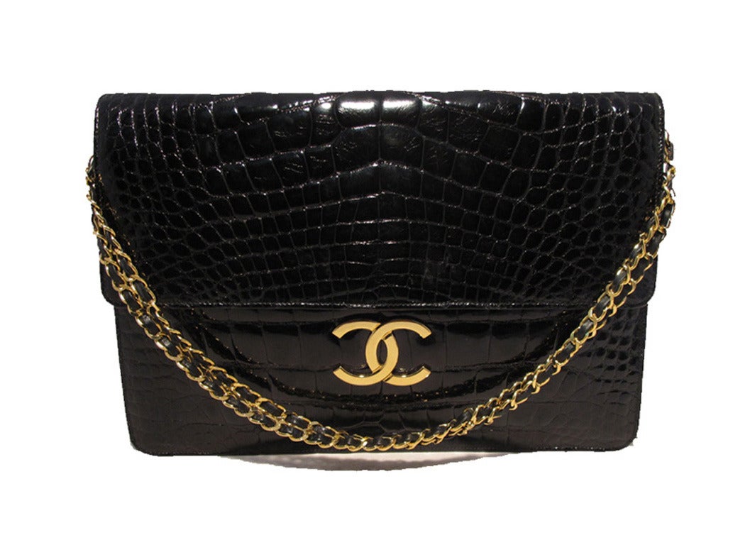 Chanel Black Alligator Oversized Clutch With Chain Strap For Sale at