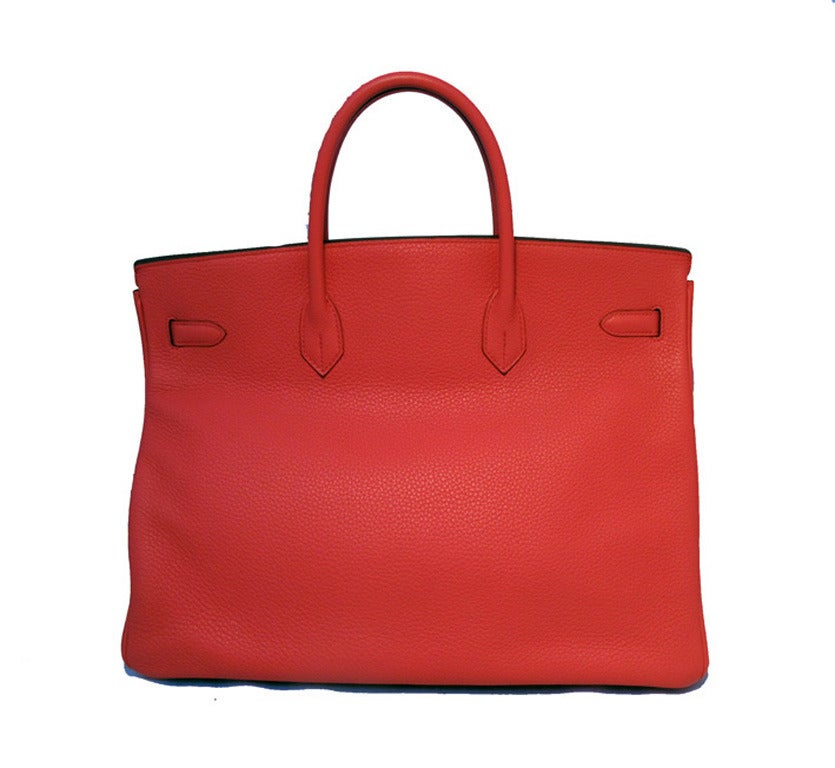 AUTHENTIC, RARE, GORGEOUS Hermes Bougainvillea clemence leather 40cm birkin bag in excellent condition.  Rare Bougainvillea clemence leather exterior with silver palladium hardware. Signature twist double strap closure opens to a matching coral