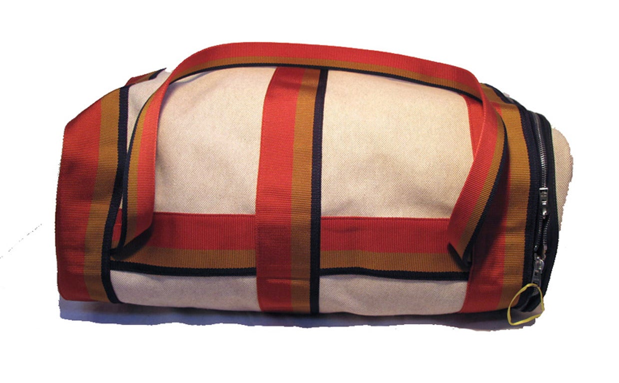 Hermes Canvas Toile Striped Travel Duffel Shoulder Bag 1