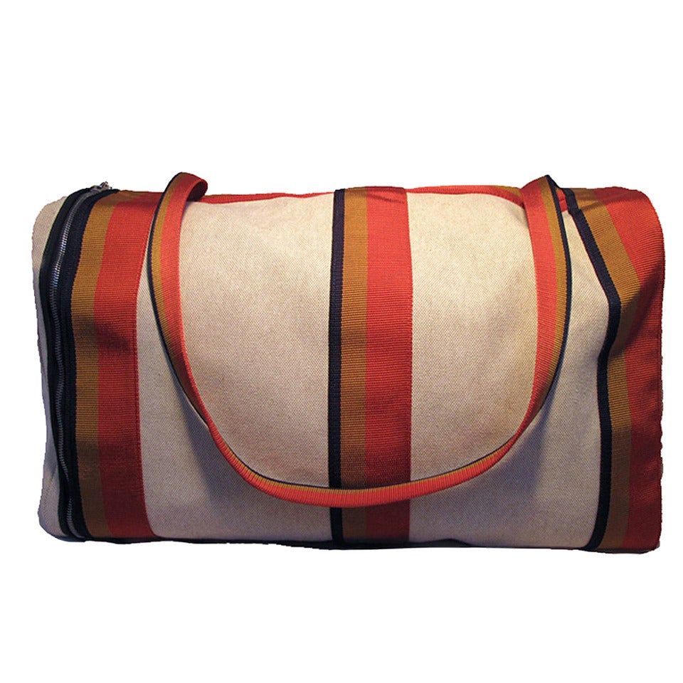 Hermes Canvas Toile Striped Travel Duffel Shoulder Bag