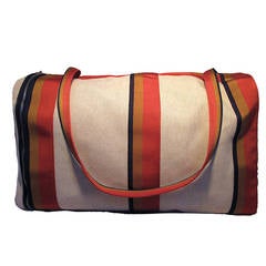 Vintage Hermes Canvas Toile Striped Travel Duffel Shoulder Bag