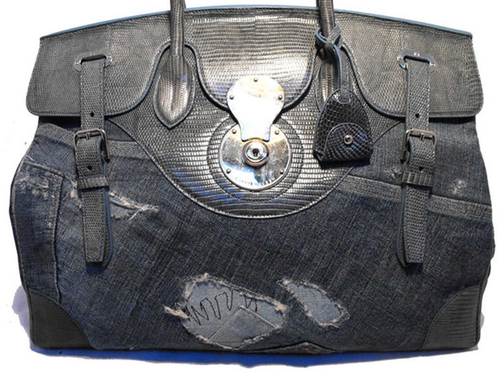 Women's Ralph Lauren Ricky Lizard and Distressed Denim Handbag