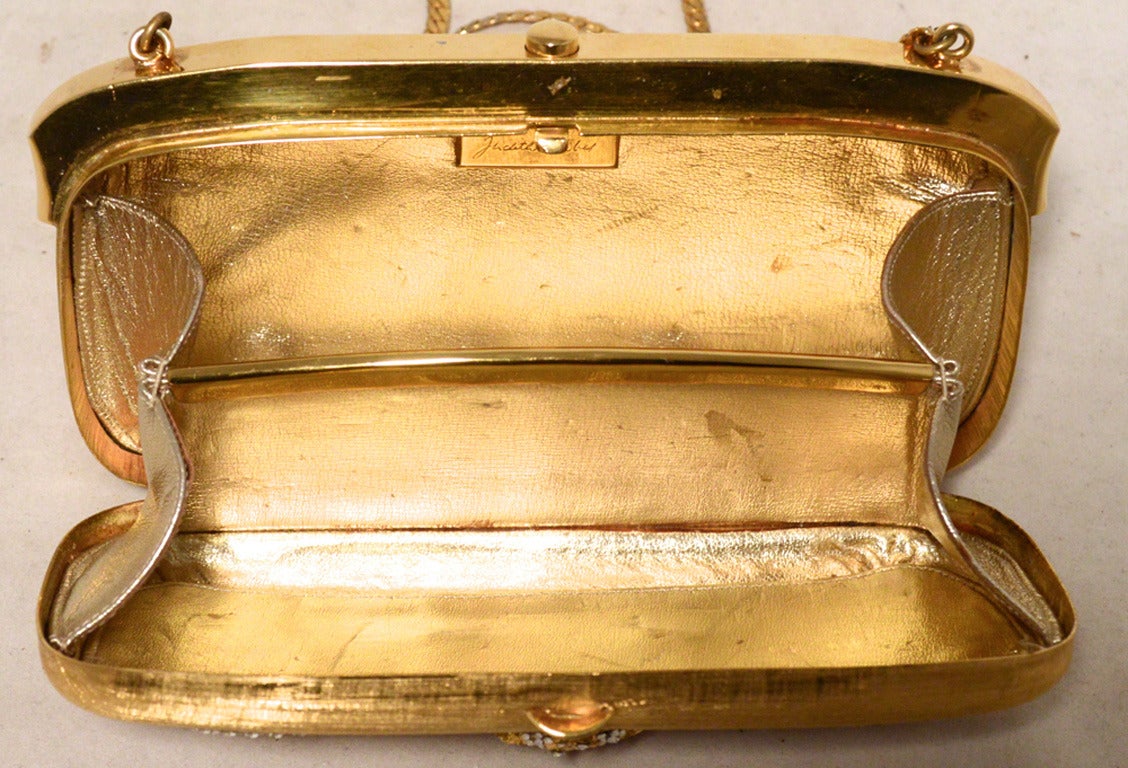 Women's Judith Leiber Gold Filigree Swarovski Crystal Box Minaudiere evening bag clutch For Sale