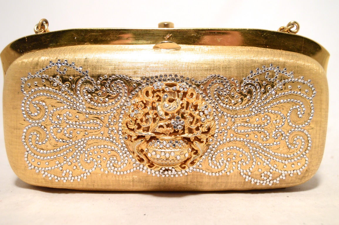 Judith Leiber - Pochette de soirée minaudière en forme de boîte en cristal Swarovski filigrane doré en vente 1