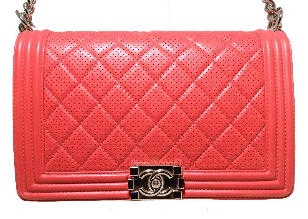 Chanel Cherry Red Perforated Leather Classic Flap Boy Bag In Excellent Condition In Philadelphia, PA