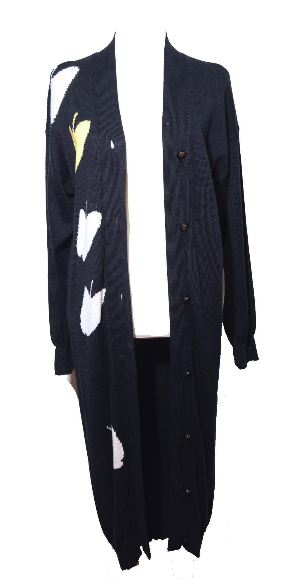 Black Hanae Mori 1980s Navy Blue Apple Print Long Knit Cardigan