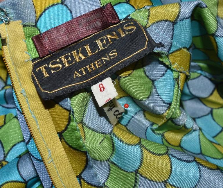 Tseklenis 1970s Teal Mermaid Scale Print Dress Size 8 For Sale at 1stDibs